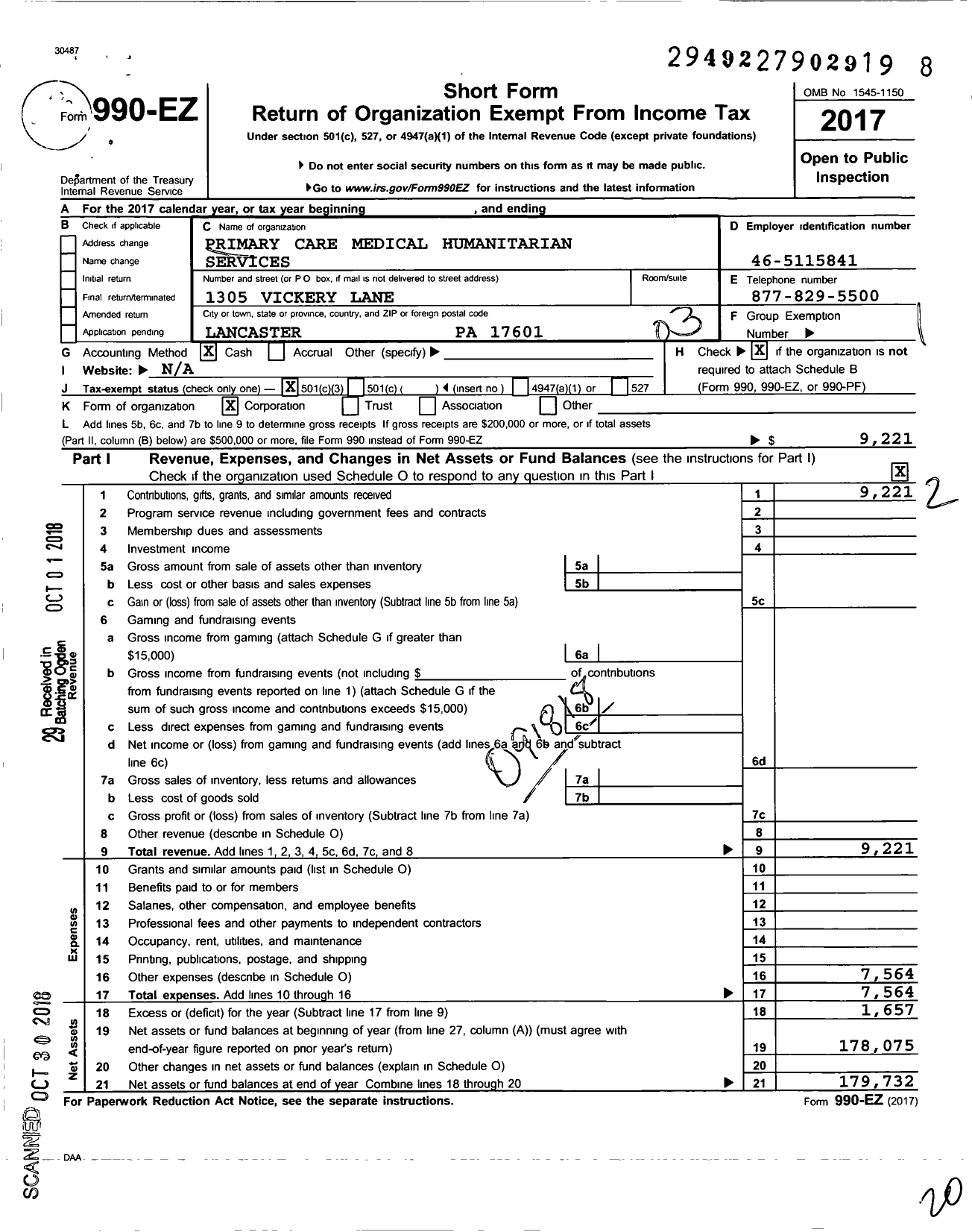 Image of first page of 2017 Form 990EZ for Primary Care Medical Humanitarian Services