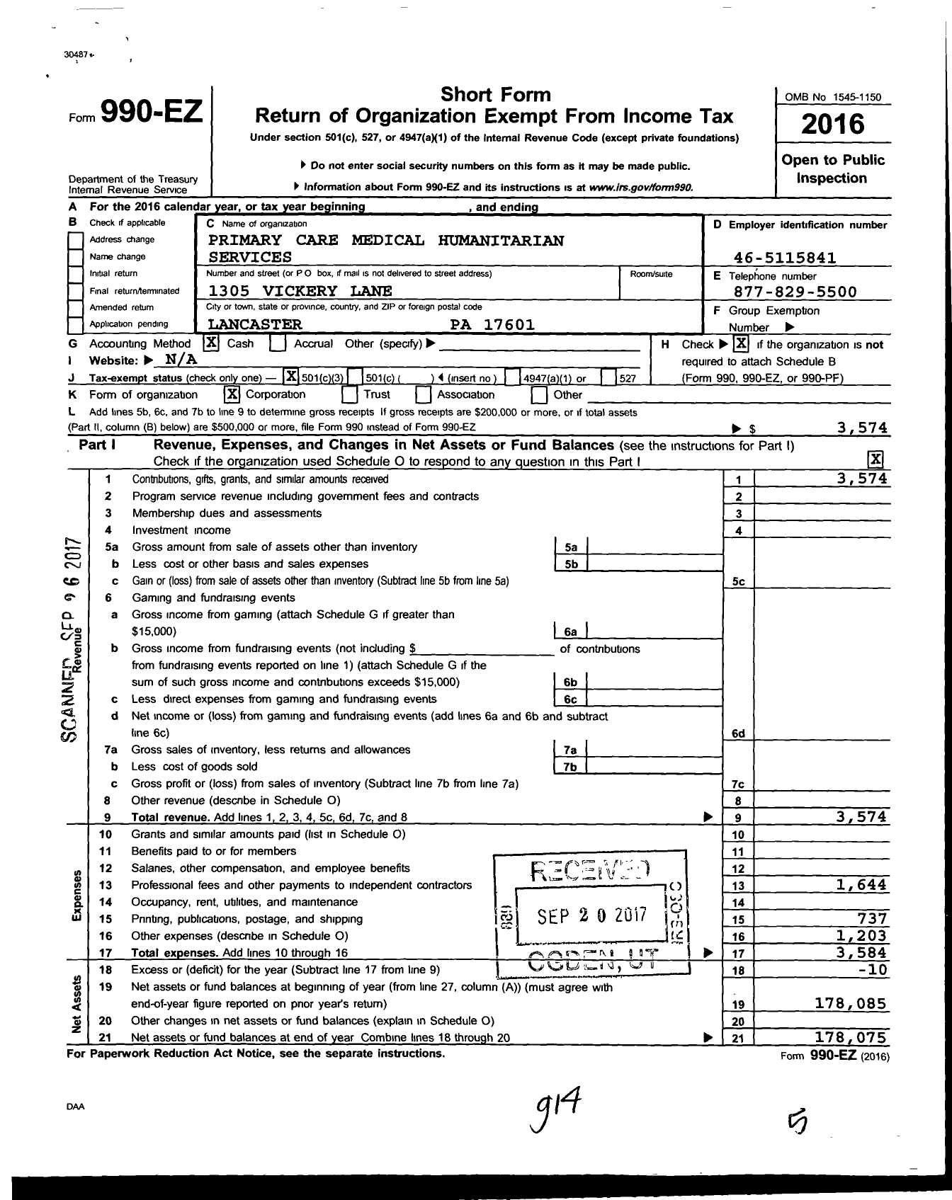 Image of first page of 2016 Form 990EZ for Primary Care Medical Humanitarian Services