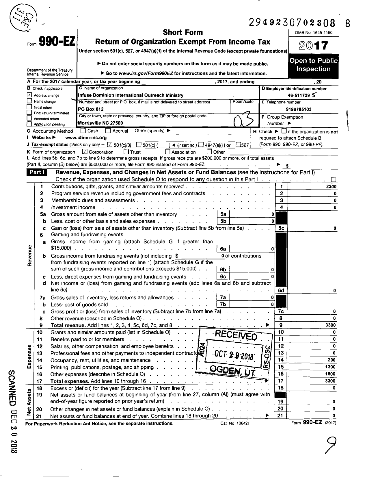 Image of first page of 2017 Form 990EZ for Infuse Dominion International Outreach Ministries (IDIOM)