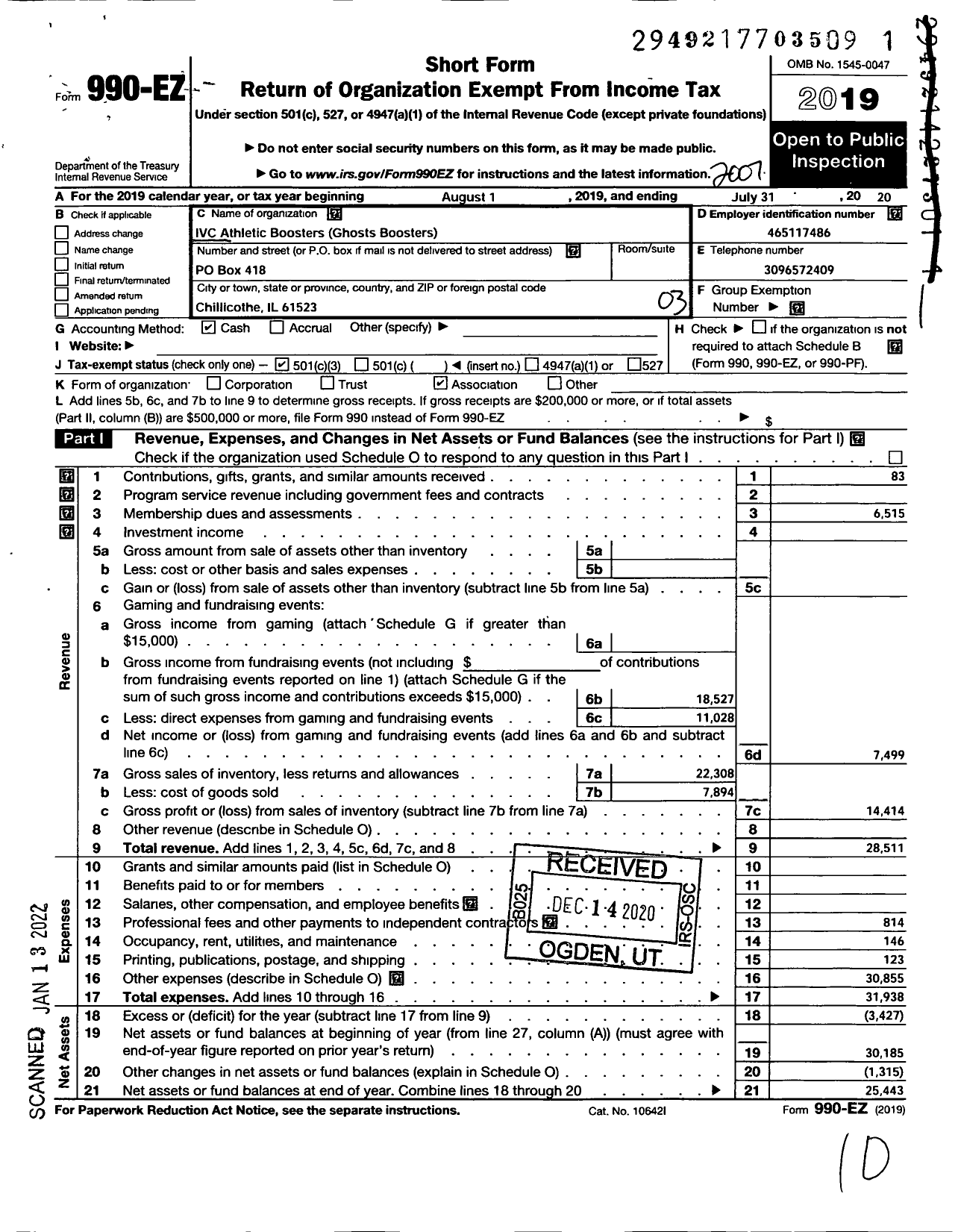 Image of first page of 2019 Form 990EZ for Ivc Athletic Boosters Ghost Busters