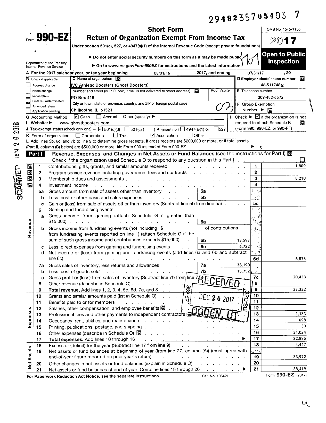 Image of first page of 2016 Form 990EZ for Parent Booster USA / Ivc Athletic Boosters Ghost Booster