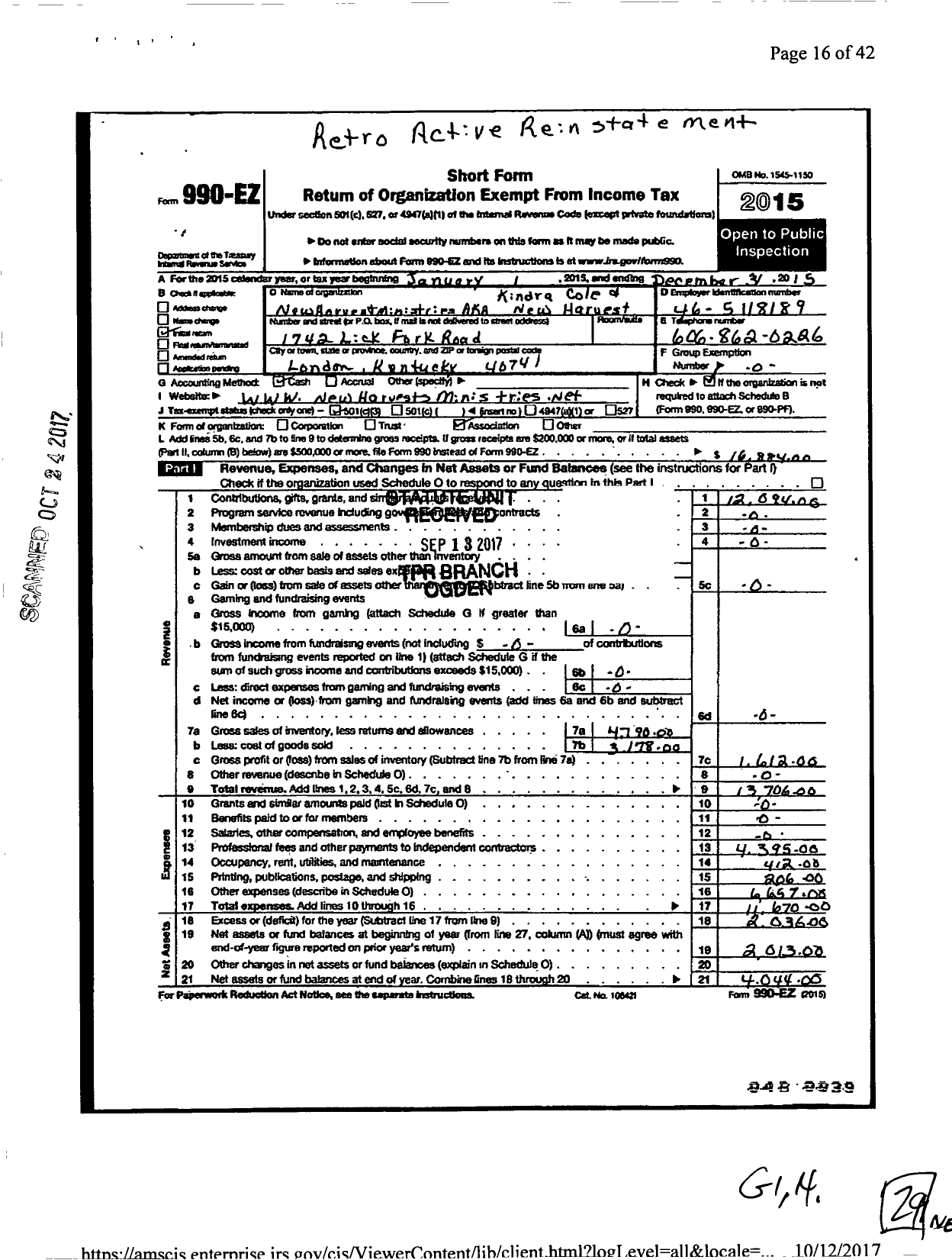 Image of first page of 2015 Form 990EZ for New Harvest Ministries / Kindra Cole and New Harvest