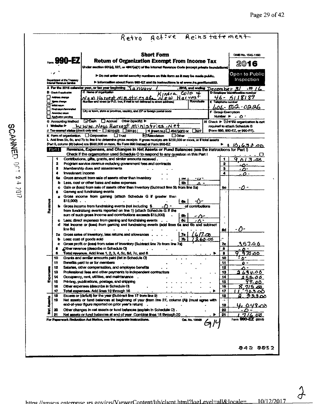 Image of first page of 2016 Form 990EO for New Harvest Ministries / Kindra Cole and New Harvest