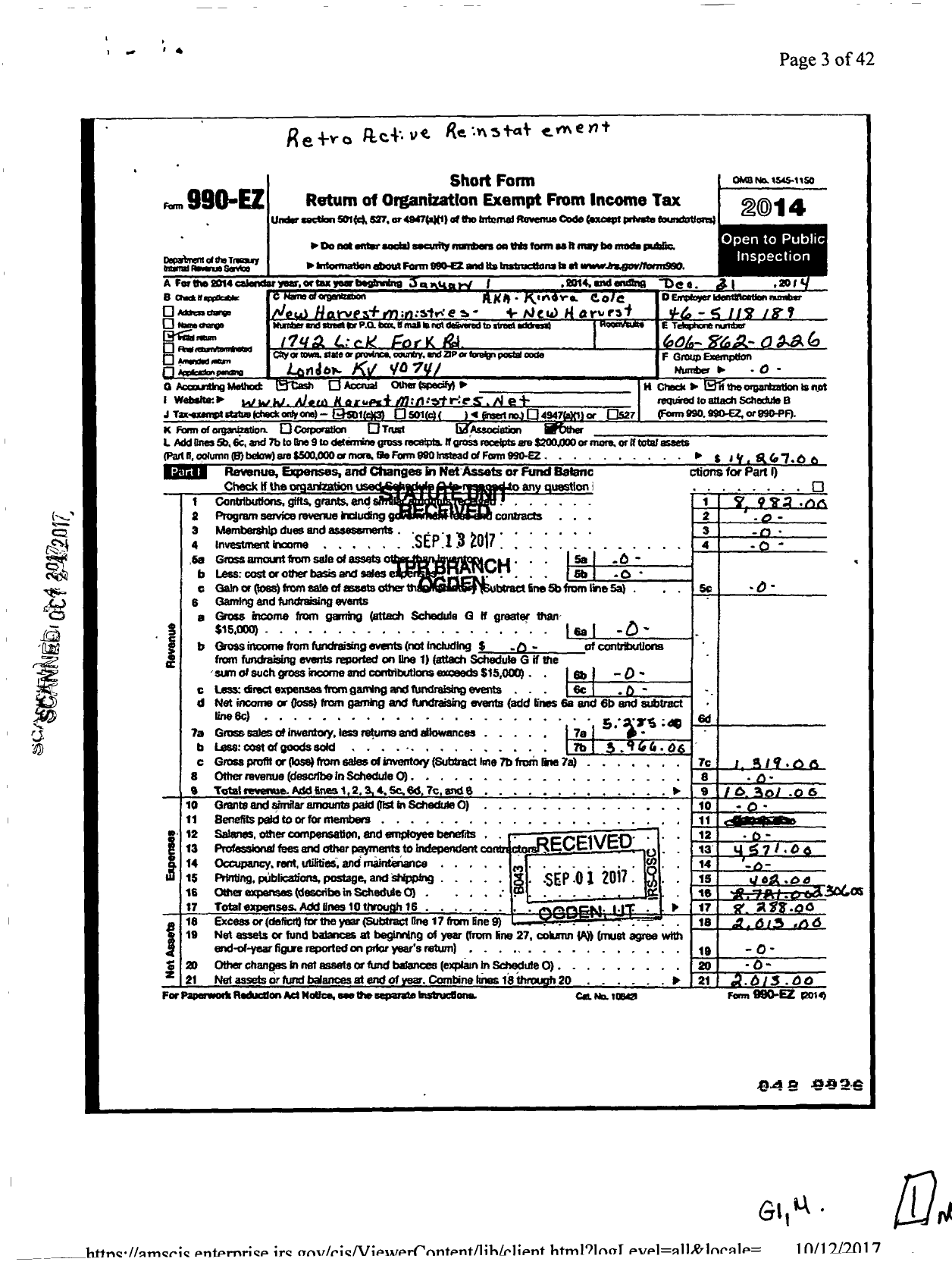 Image of first page of 2014 Form 990EZ for New Harvest Ministries / Kindra Cole and New Harvest