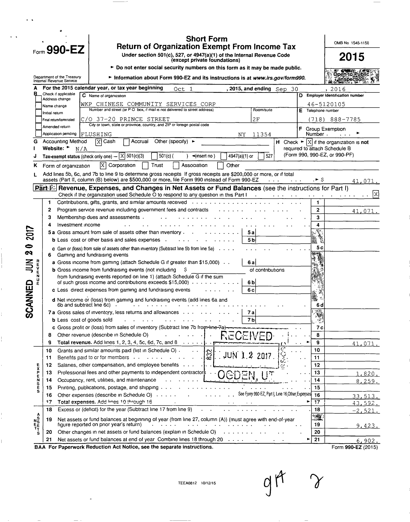 Image of first page of 2015 Form 990EZ for WKP Chinese Community Services Corporation