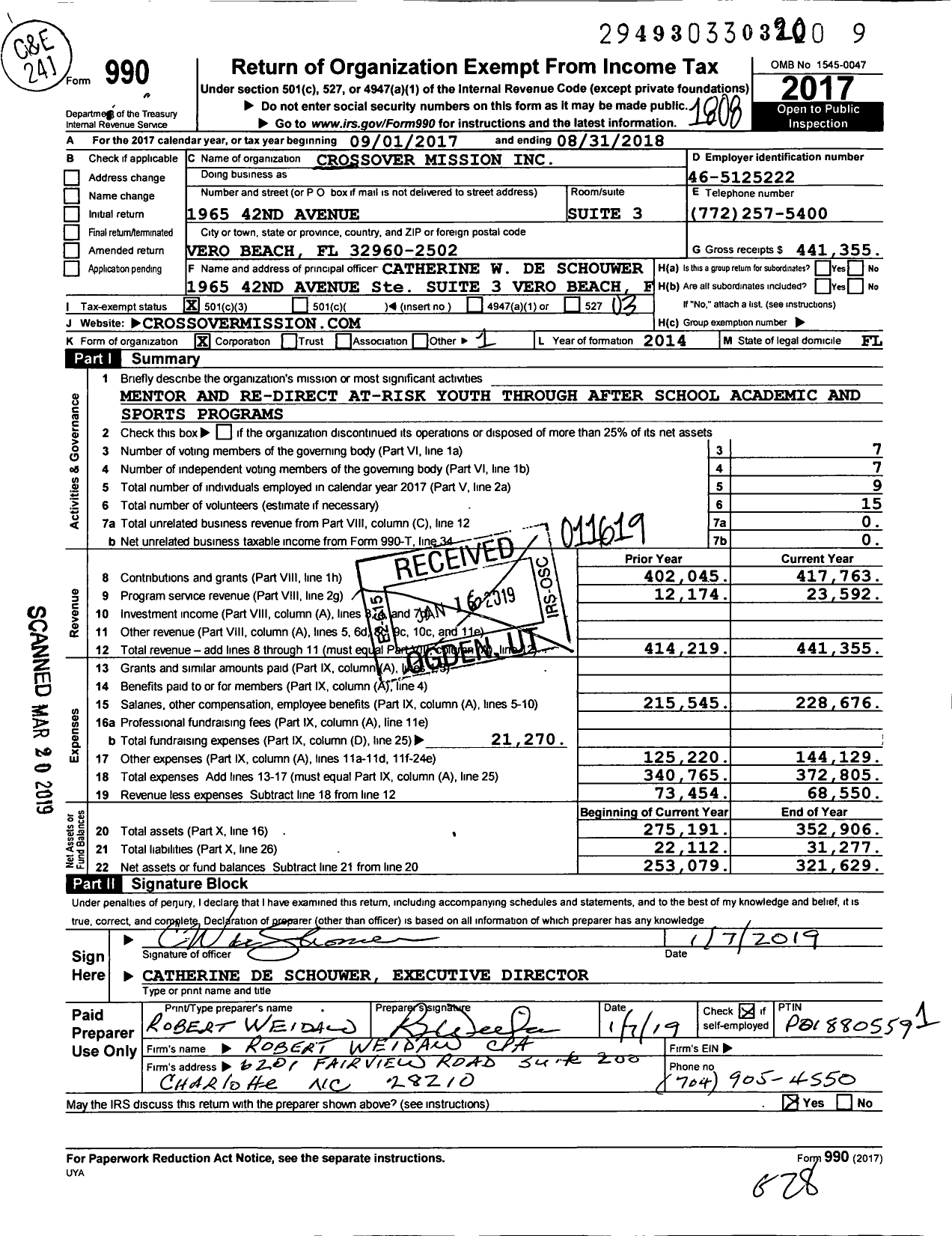 Image of first page of 2017 Form 990 for Crossover Mission