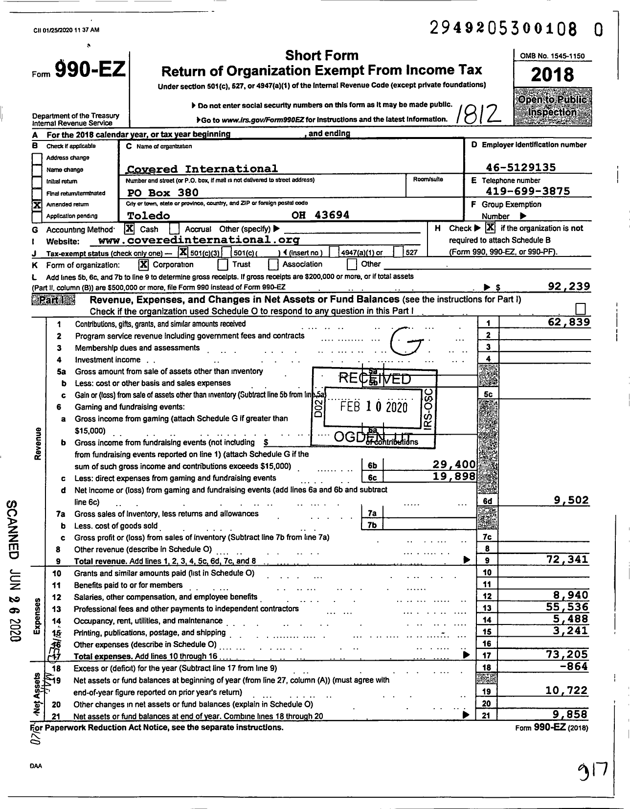 Image of first page of 2018 Form 990EZ for Covered International