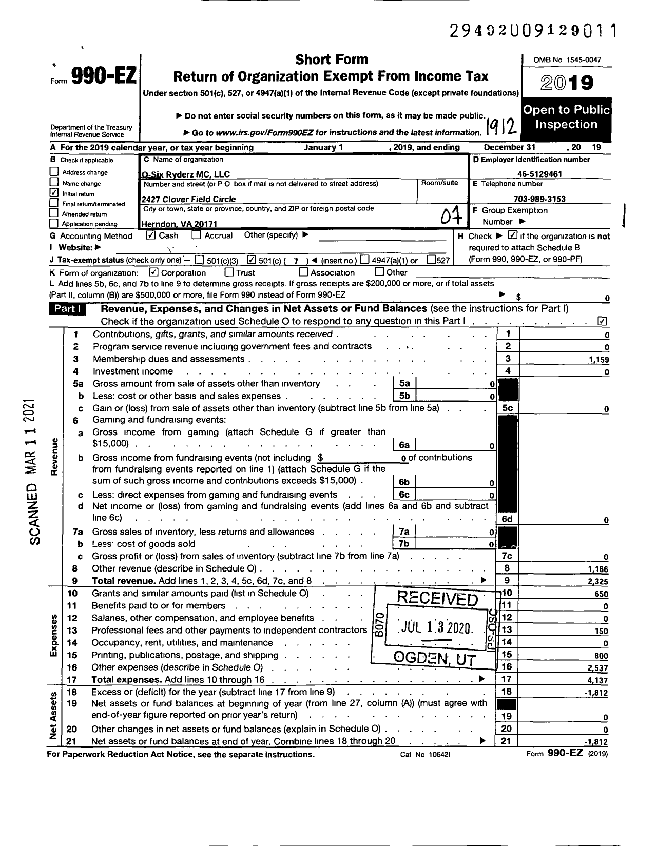 Image of first page of 2019 Form 990EO for O Six Ryderz Motorcycle Club