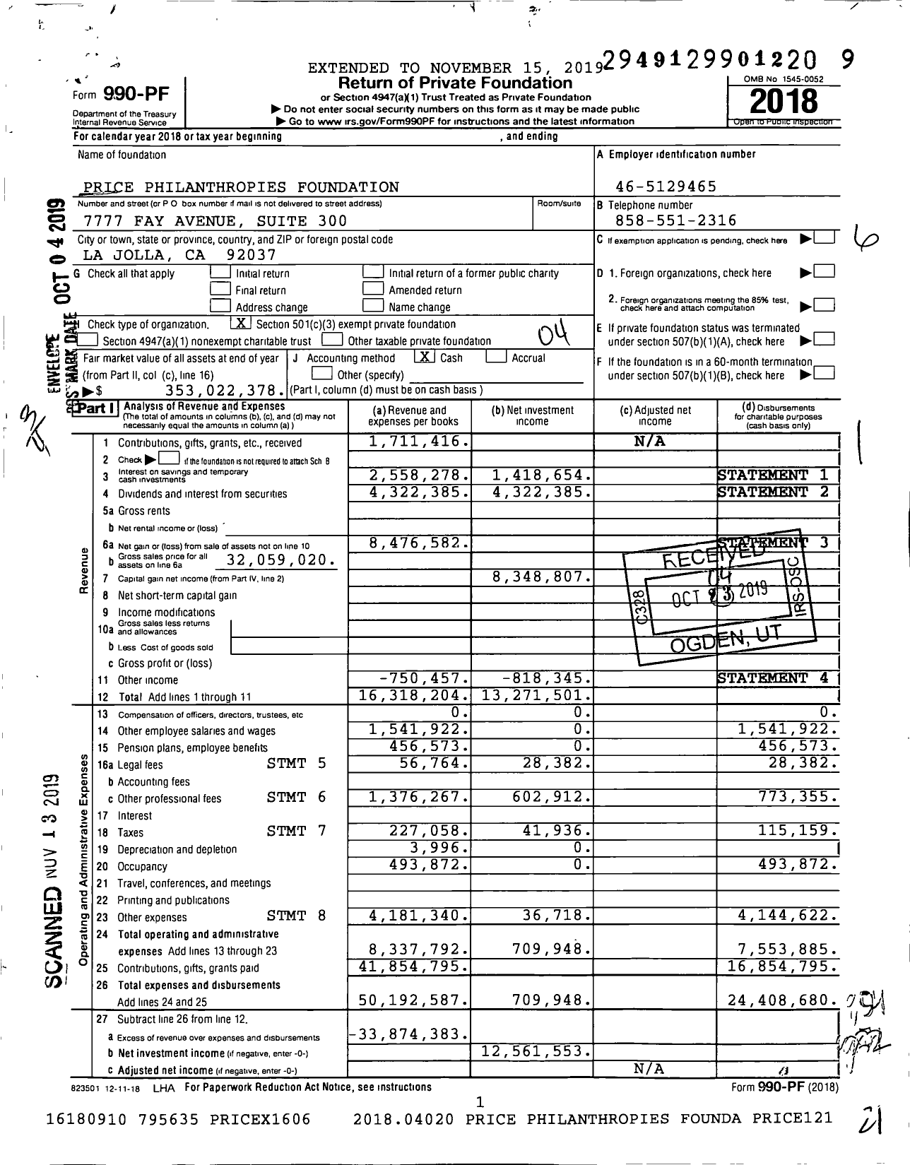 Image of first page of 2018 Form 990PF for Price Philanthropies Foundation