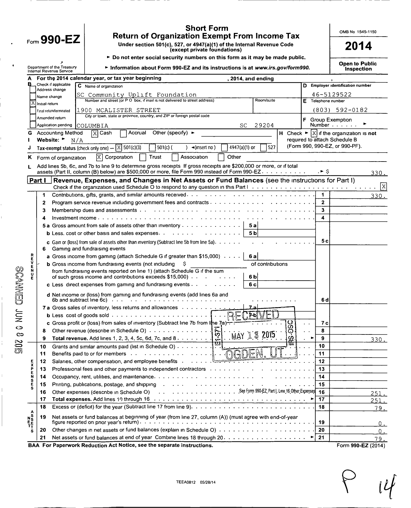 Image of first page of 2014 Form 990EZ for SC Community Uplift Foundation