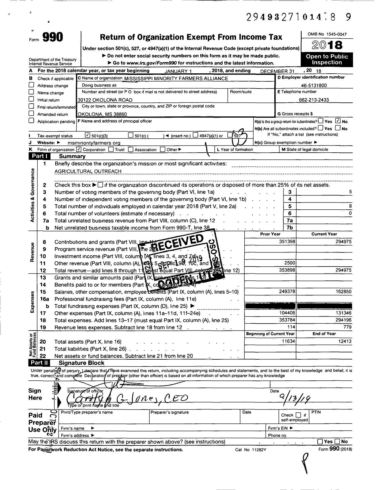 Image of first page of 2018 Form 990 for Mississippi Minority Farmers Alliance