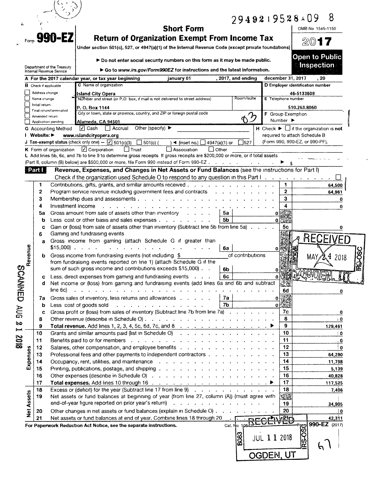 Image of first page of 2017 Form 990EZ for Island City Opera