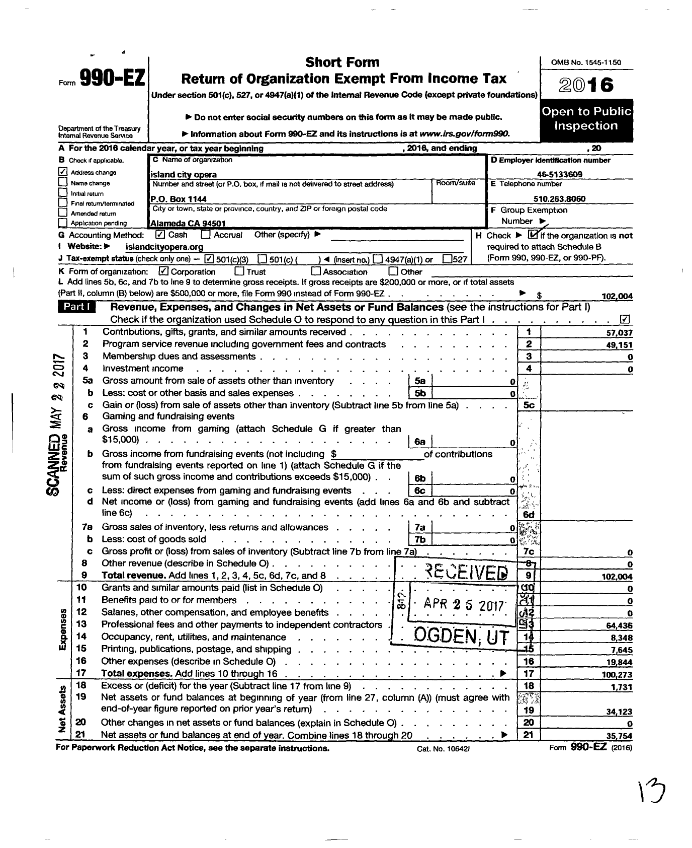 Image of first page of 2016 Form 990EZ for Island City Opera