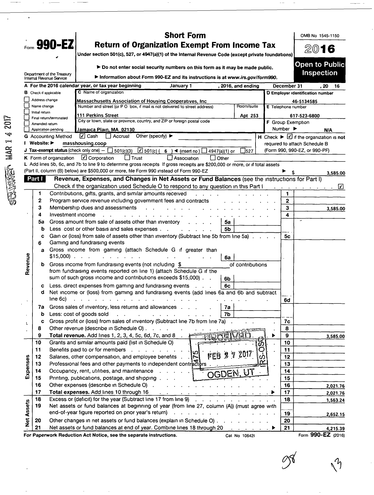 Image of first page of 2016 Form 990EO for Massachusetts Association of Housing Cooperatives