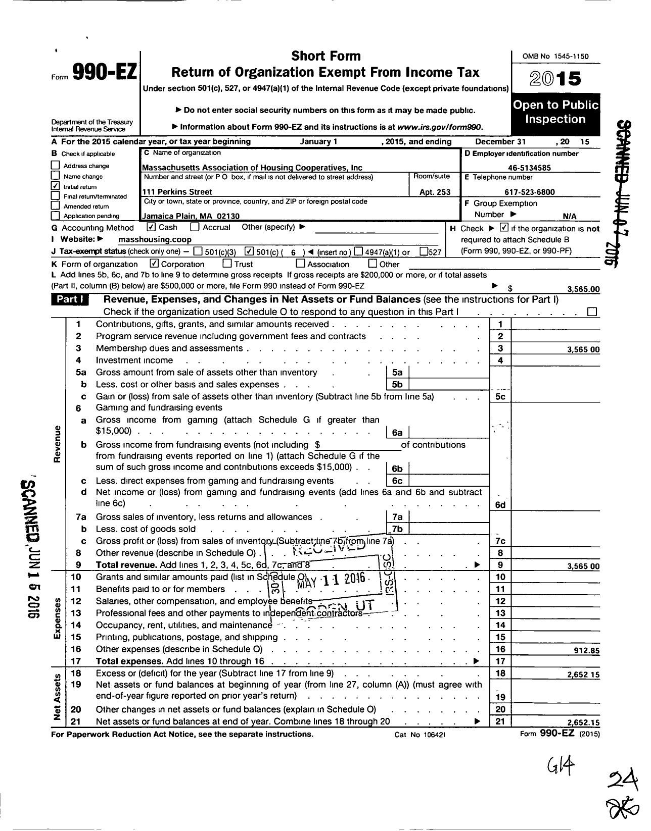 Image of first page of 2015 Form 990EO for Massachusetts Association of Housing Cooperatives