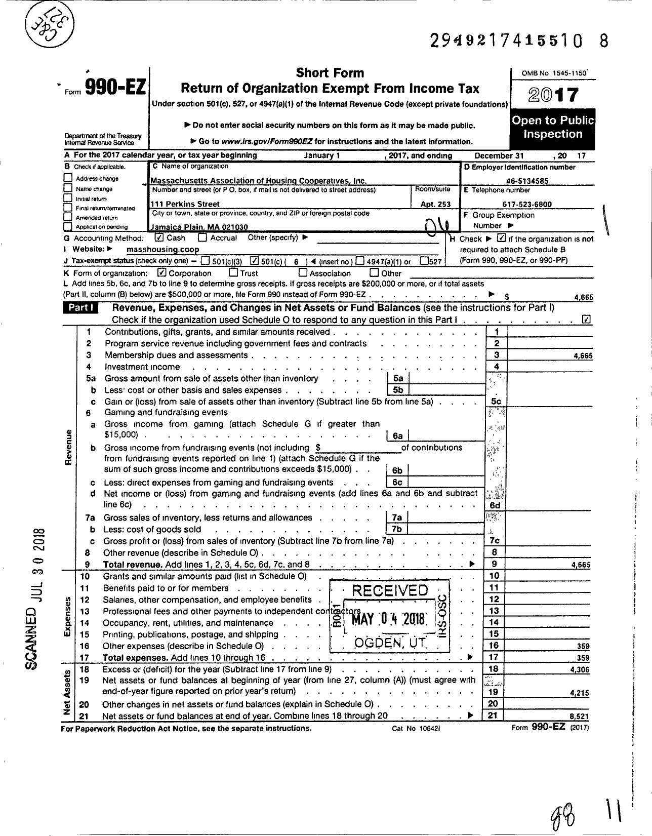 Image of first page of 2017 Form 990EO for Massachusetts Association of Housing Cooperatives