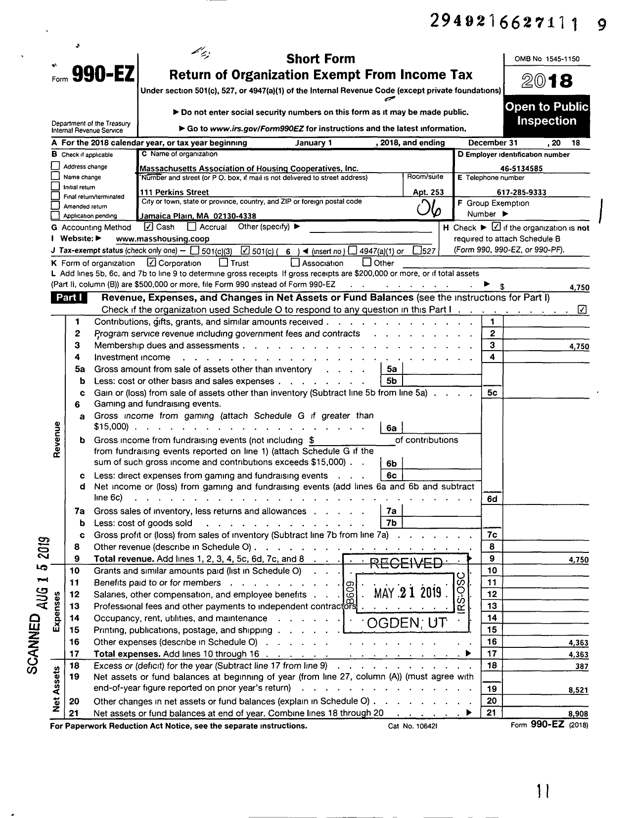 Image of first page of 2018 Form 990EO for Massachusetts Association of Housing Cooperatives