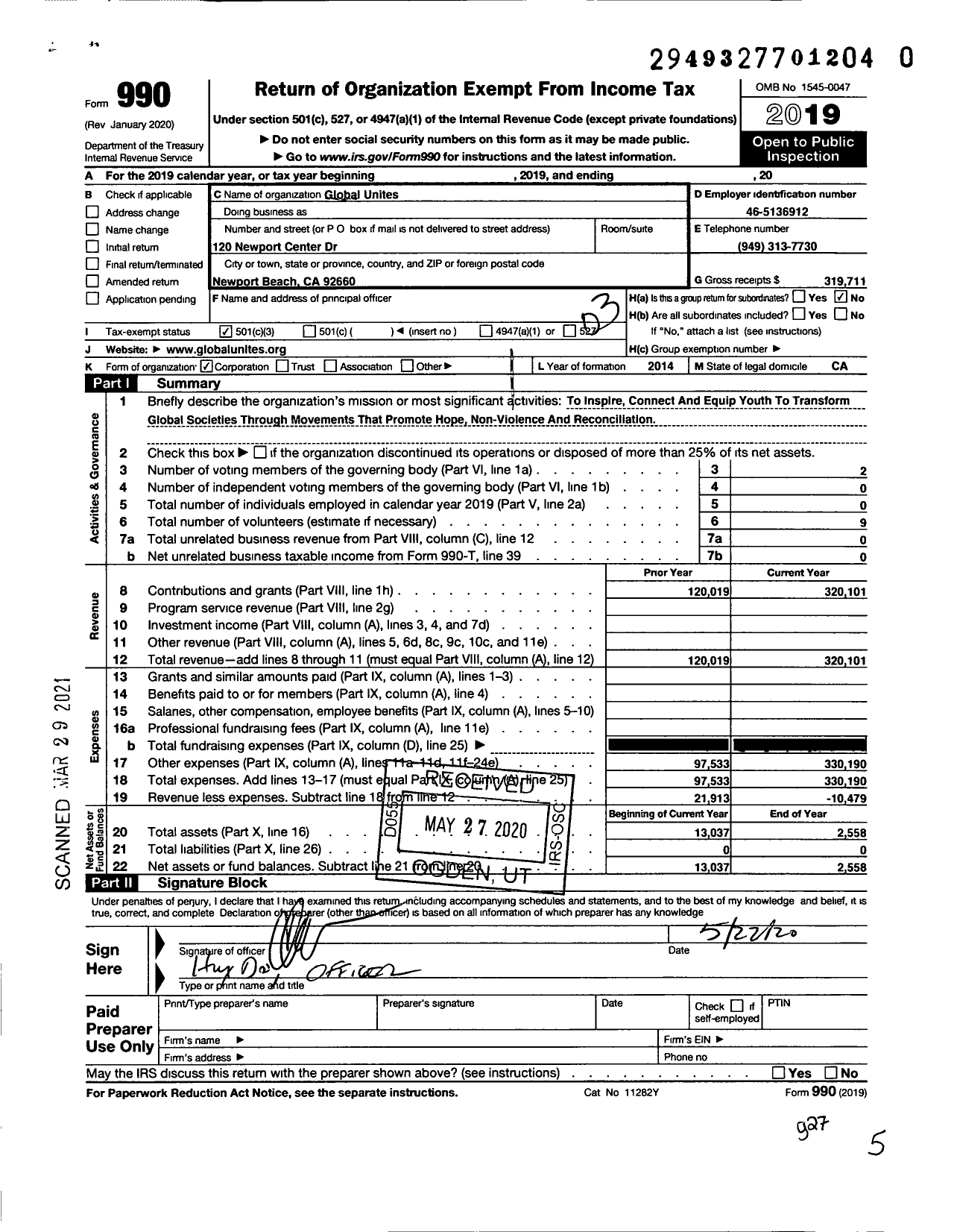 Image of first page of 2019 Form 990 for Global Unites