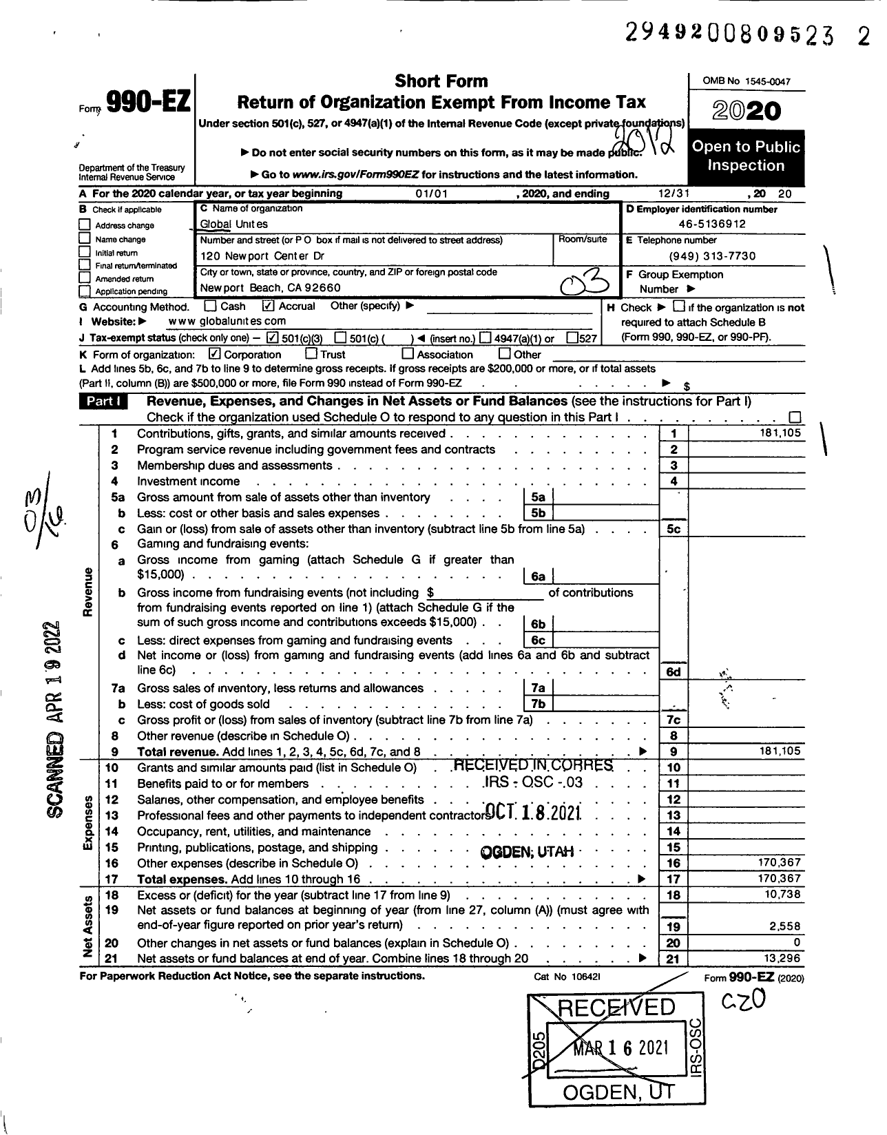 Image of first page of 2020 Form 990EZ for Global Unites