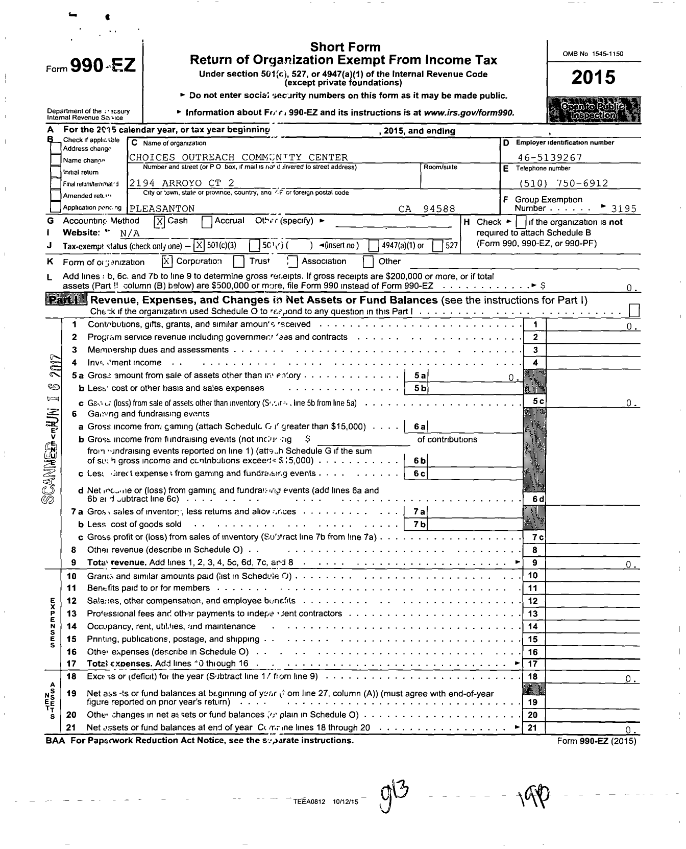 Image of first page of 2015 Form 990EZ for Choices Outreach Community Center