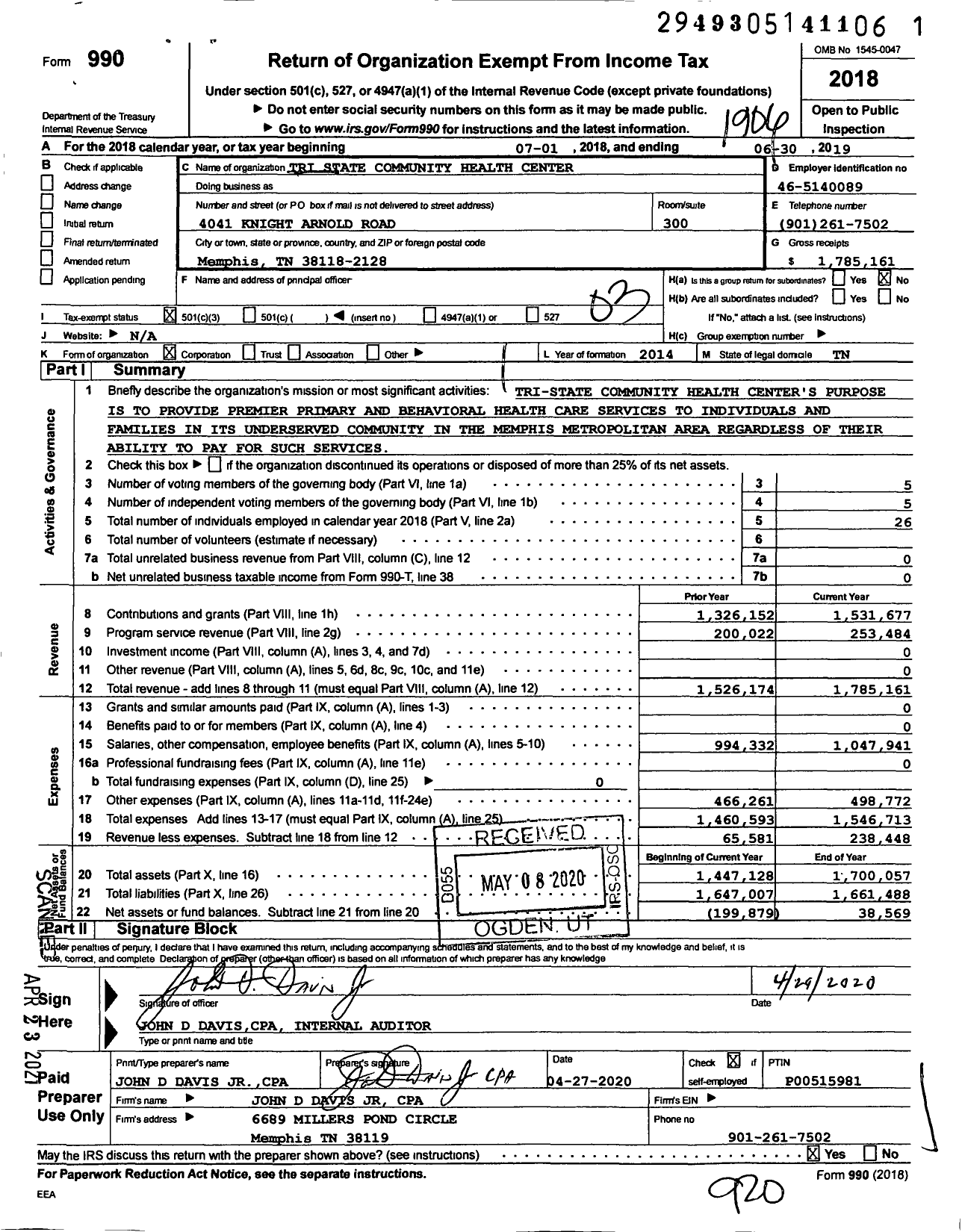 Image of first page of 2018 Form 990 for Tri State Community Health Center