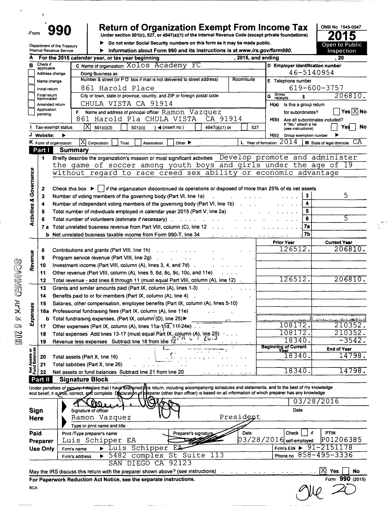 Image of first page of 2015 Form 990 for Xolos Academy FC