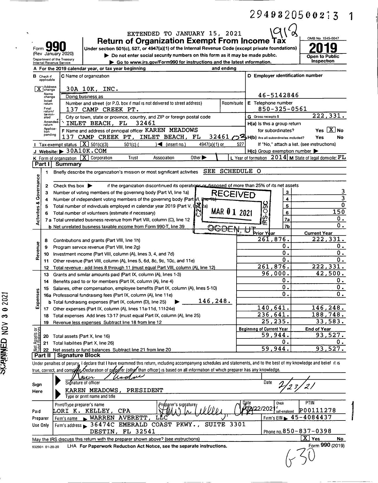 Image of first page of 2019 Form 990 for 30a 10k