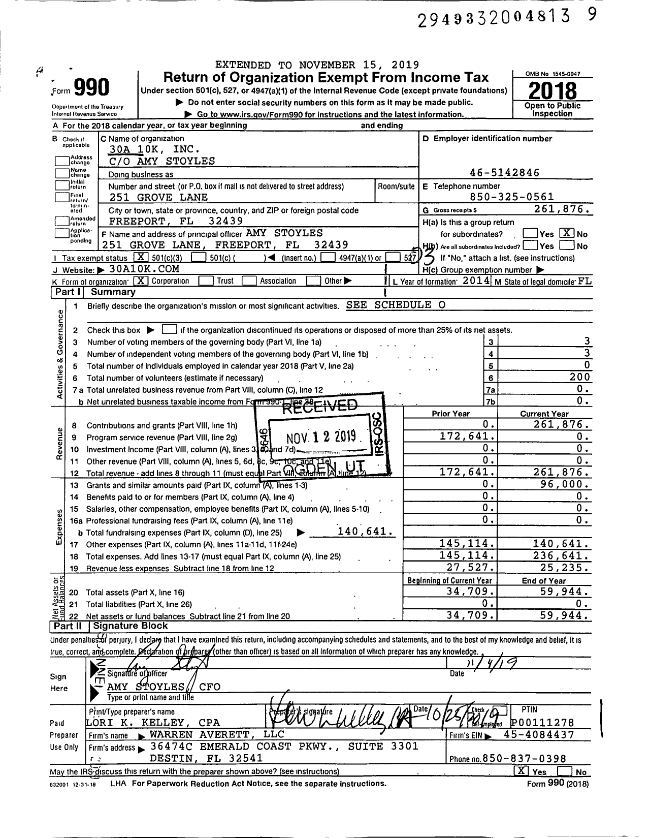 Image of first page of 2018 Form 990 for 30a 10k