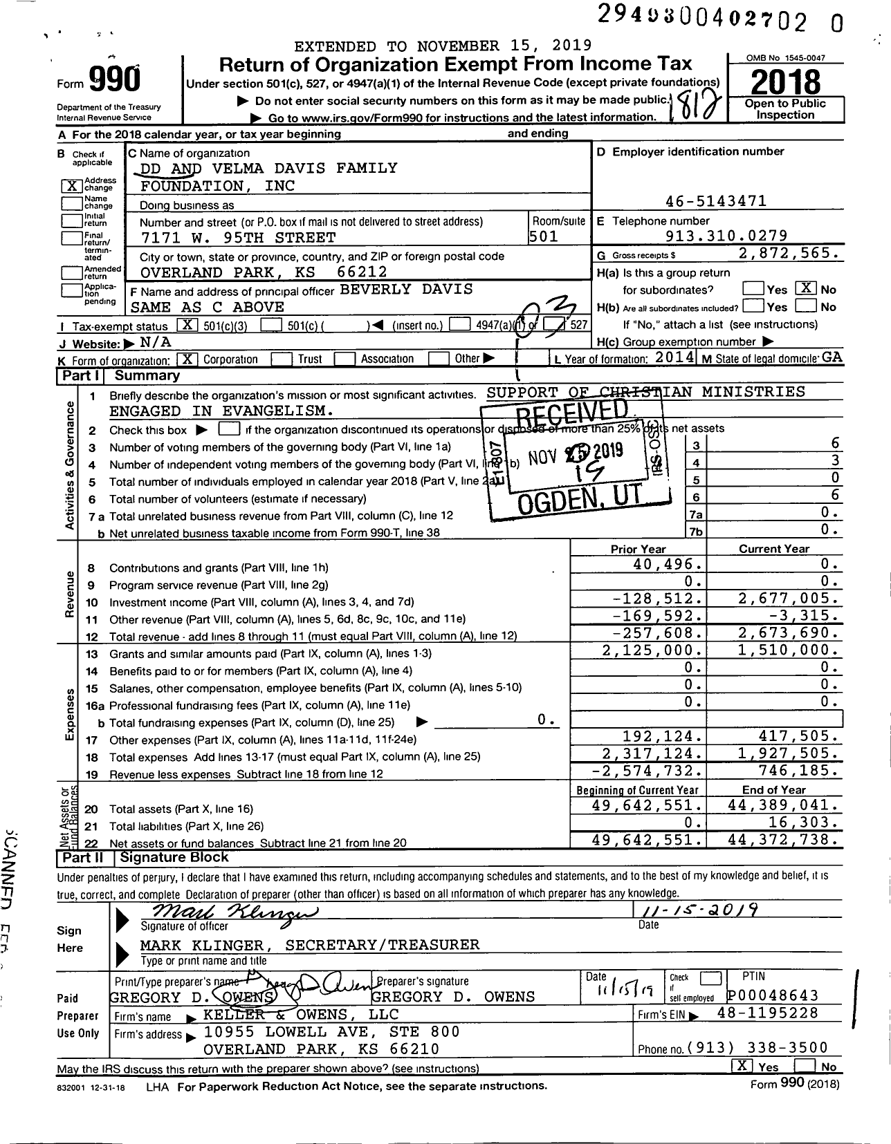 Image of first page of 2018 Form 990 for DD and Velma Davis Family Foundation