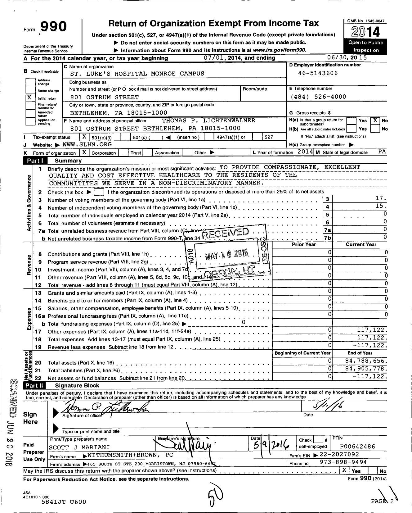Image of first page of 2014 Form 990 for St Luke's Hospital Monroe Campus