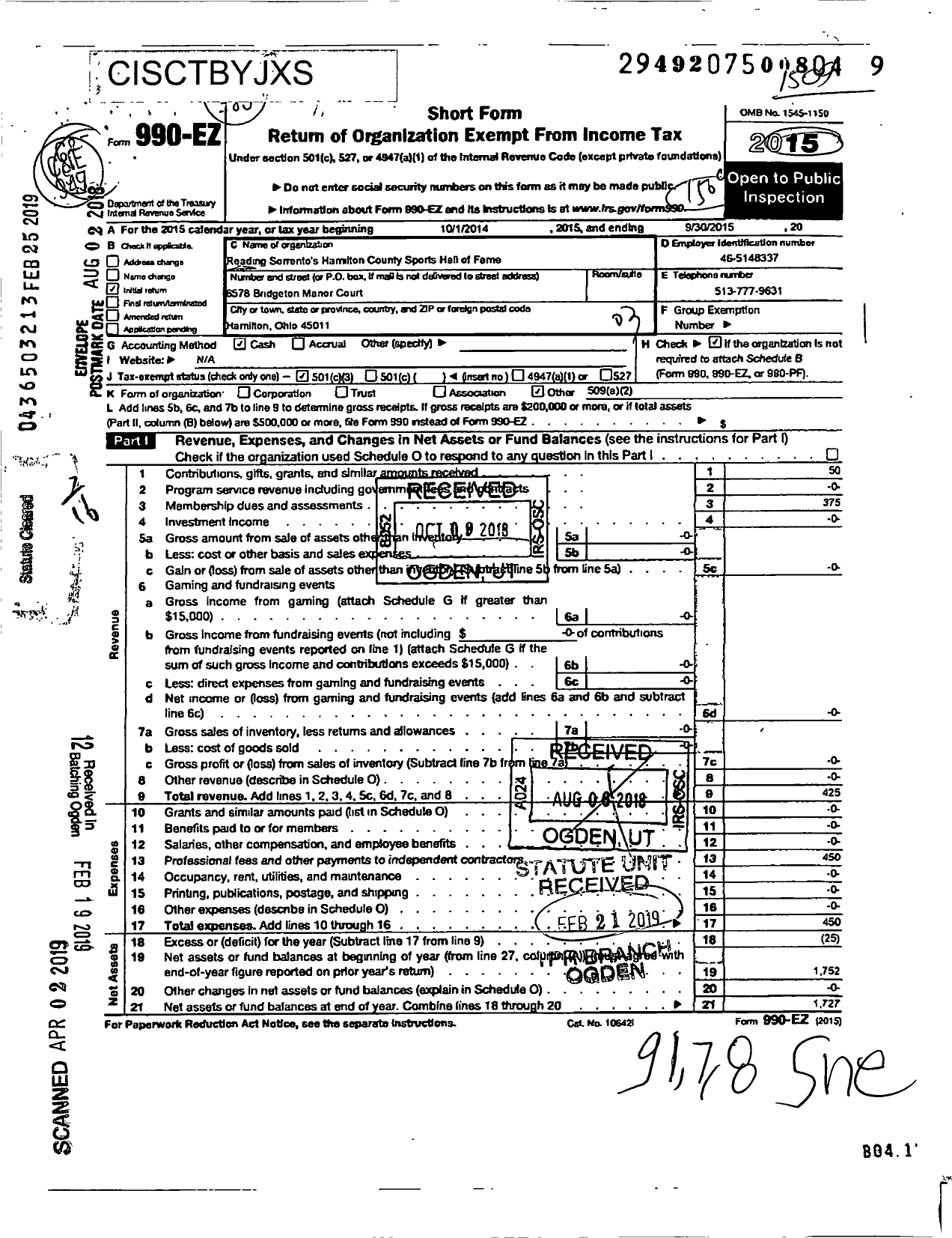 Image of first page of 2014 Form 990EZ for Reading Sorrentos Hamilton County Sports Hall of Fame