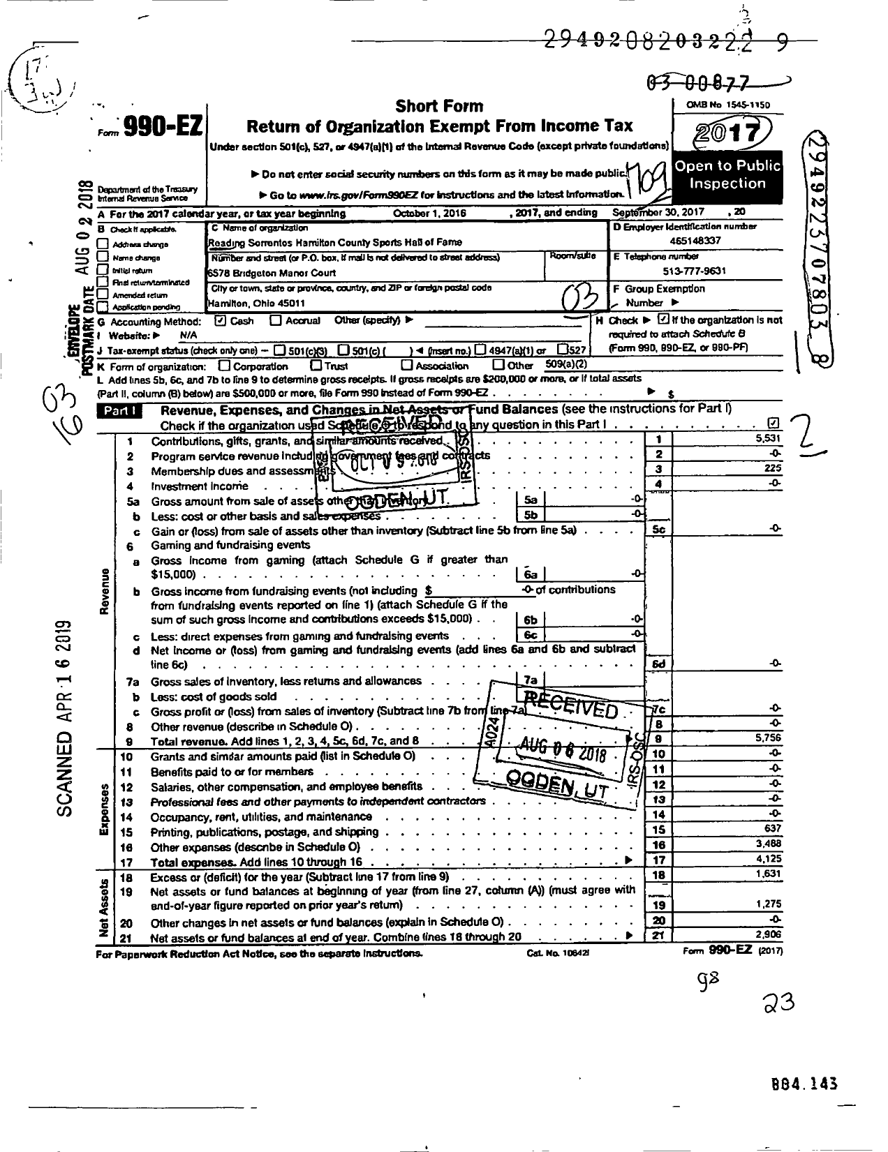 Image of first page of 2016 Form 990EZ for Reading Sorrentos Hamilton County Sports Hall of Fame