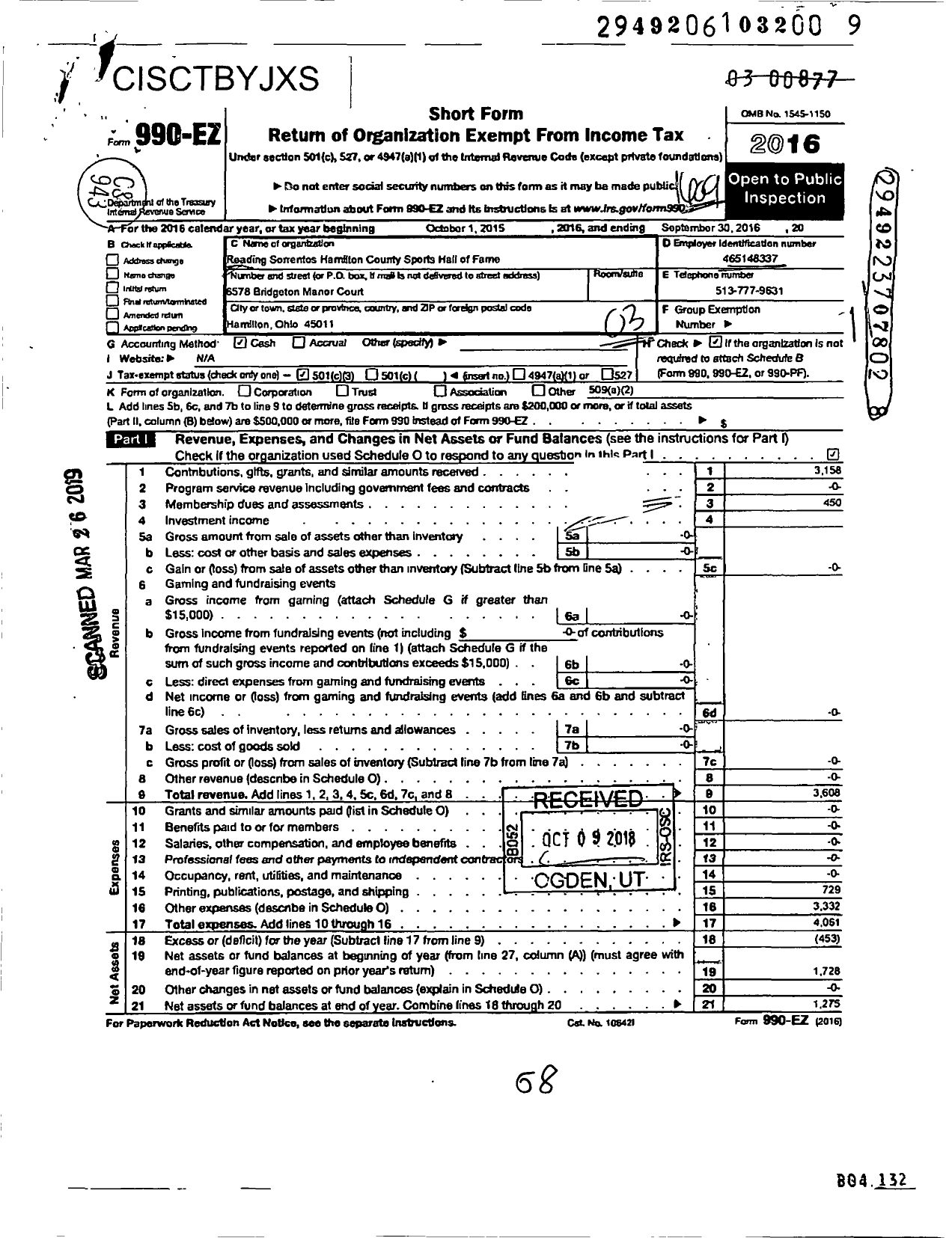 Image of first page of 2015 Form 990EZ for Reading Sorrentos Hamilton County Sports Hall of Fame