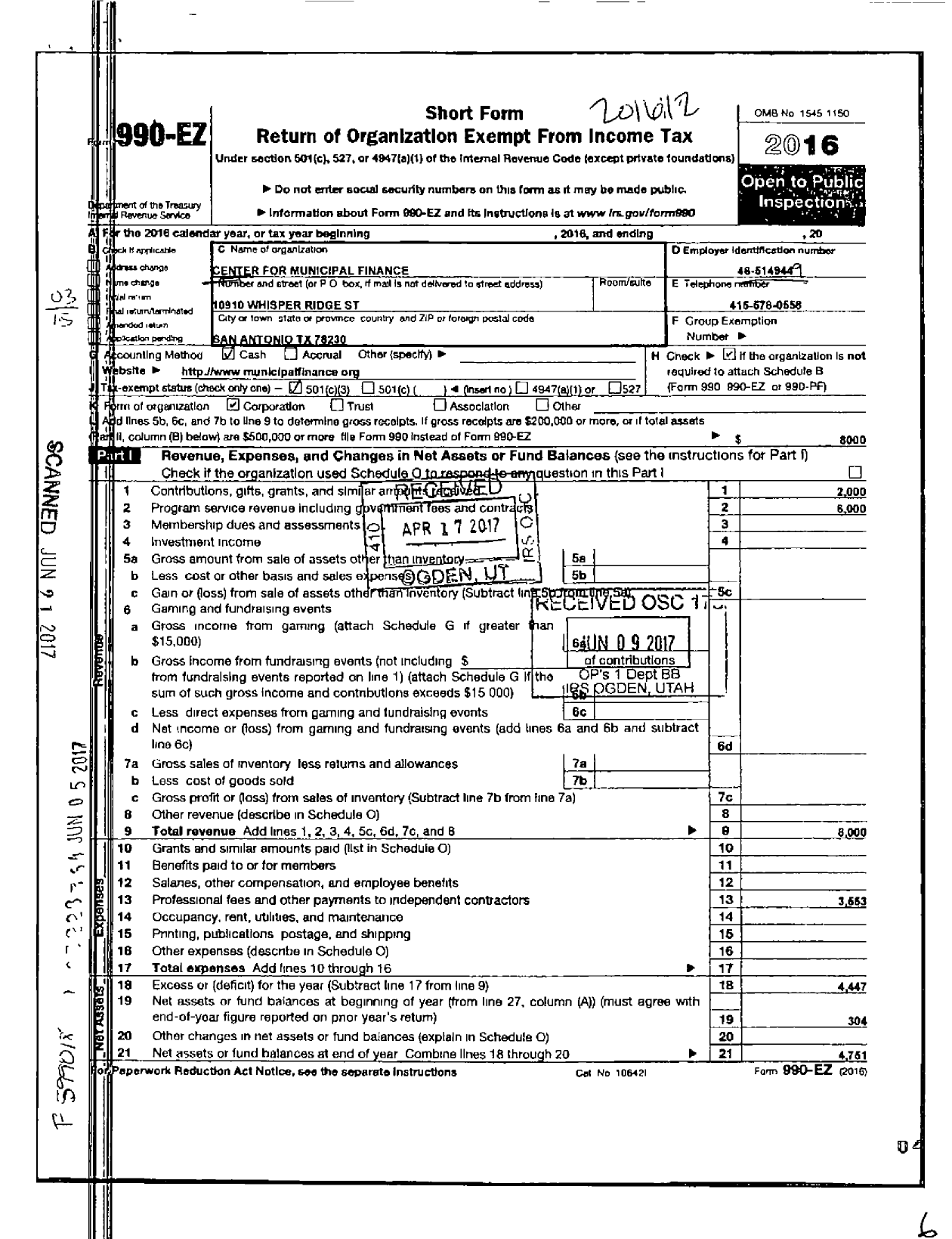Image of first page of 2016 Form 990EZ for Center for Municipal Finance