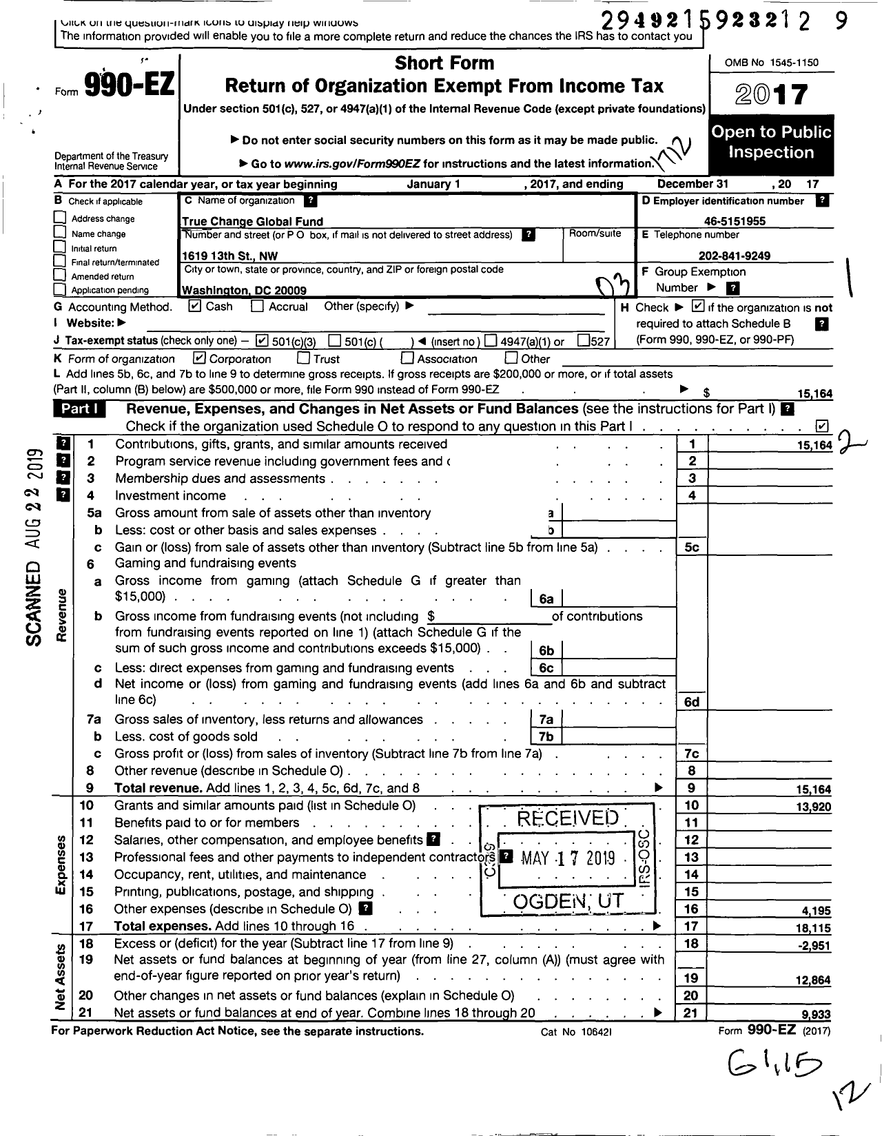 Image of first page of 2017 Form 990EZ for True Change Global Fund