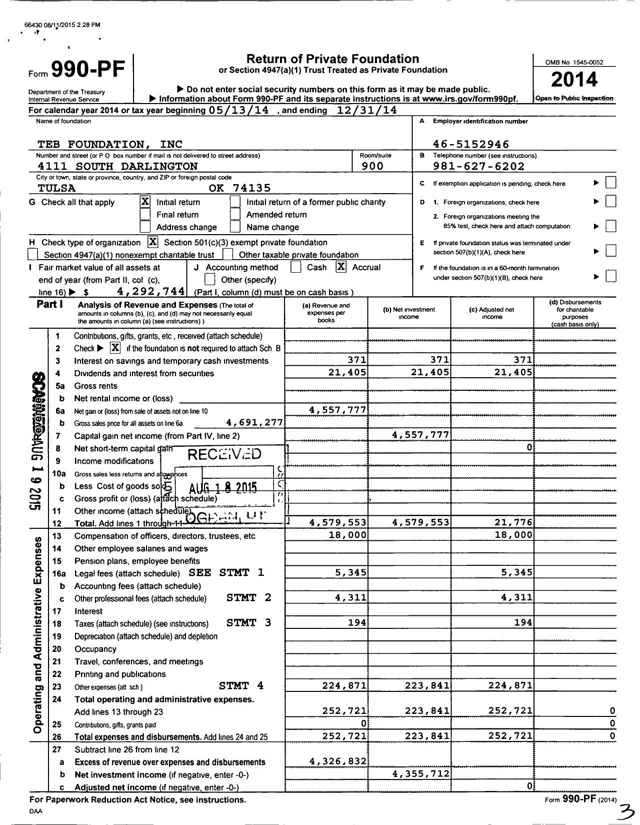 Image of first page of 2014 Form 990PF for Teb Foundation