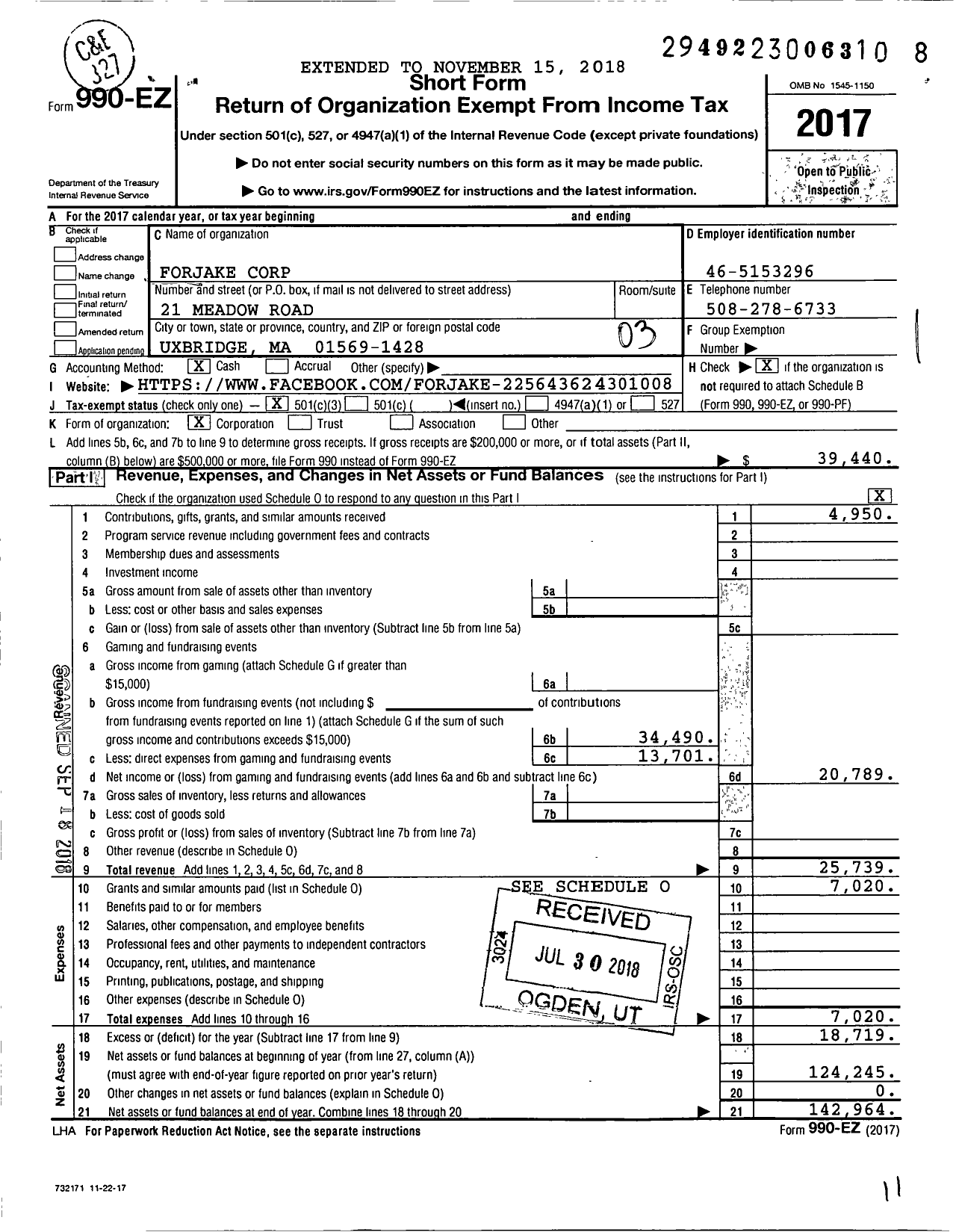 Image of first page of 2017 Form 990EZ for Forjake Corporation