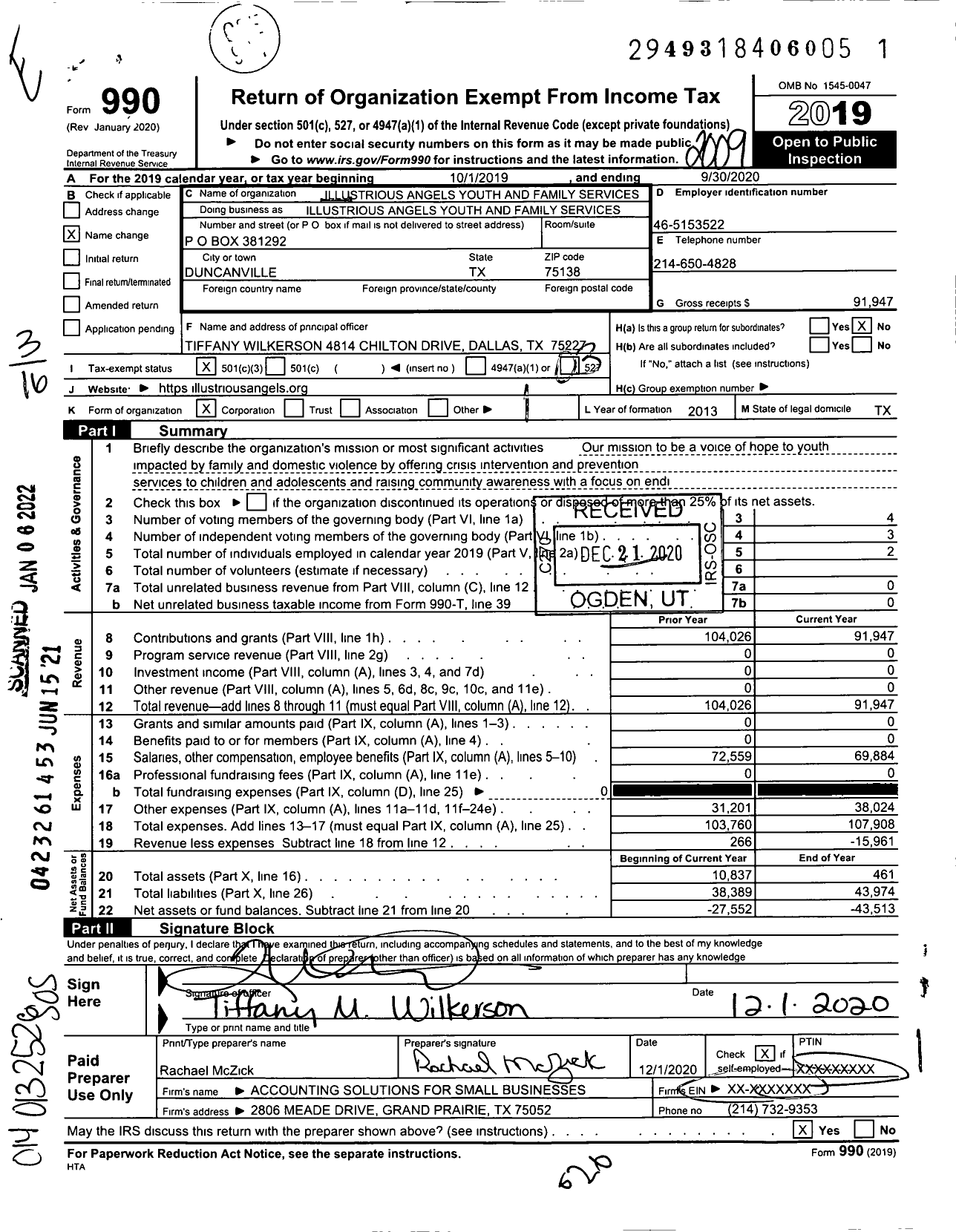 Image of first page of 2019 Form 990 for Illustrious Angels Youth and Family Services