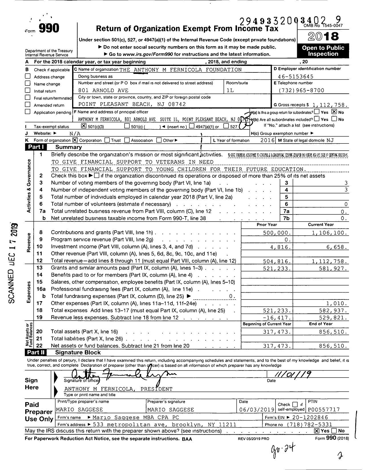 Image of first page of 2018 Form 990 for The Anthony M Fernicola Foundation