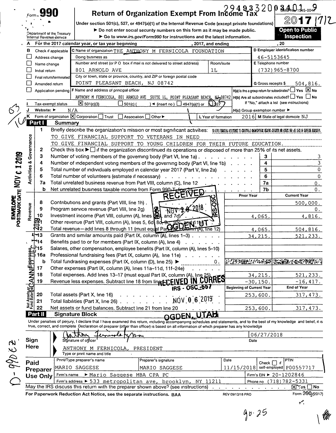 Image of first page of 2017 Form 990 for The Anthony M Fernicola Foundation