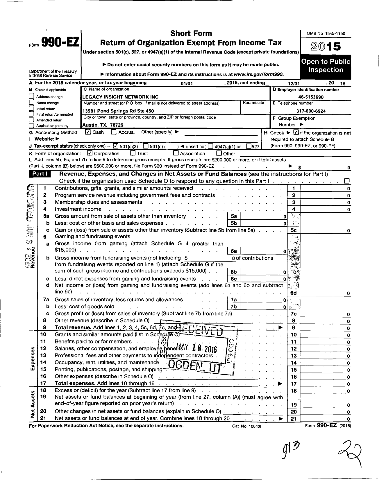 Image of first page of 2015 Form 990EZ for Legacy Insight Network