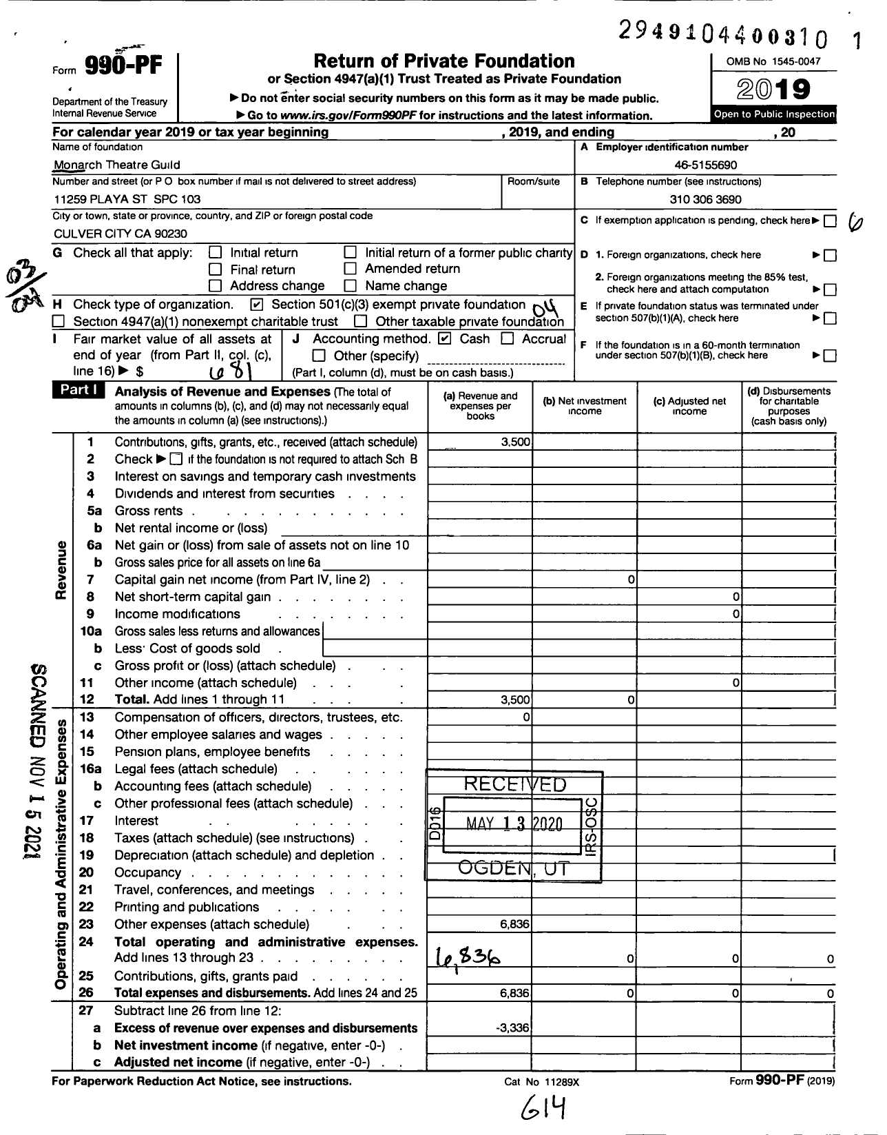 Image of first page of 2019 Form 990PF for Monarch Theatre Guild