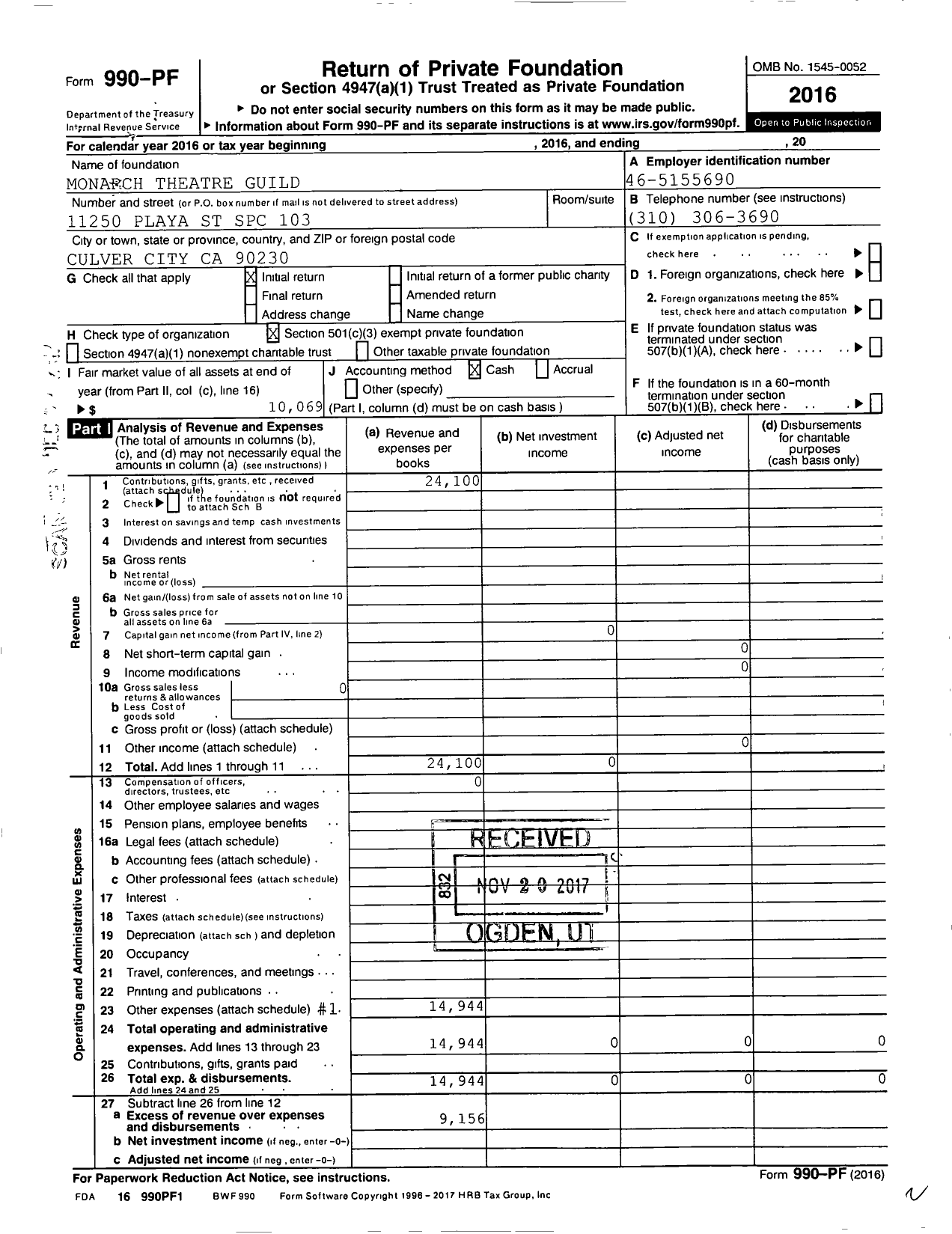 Image of first page of 2016 Form 990PF for Monarch Theatre Guild