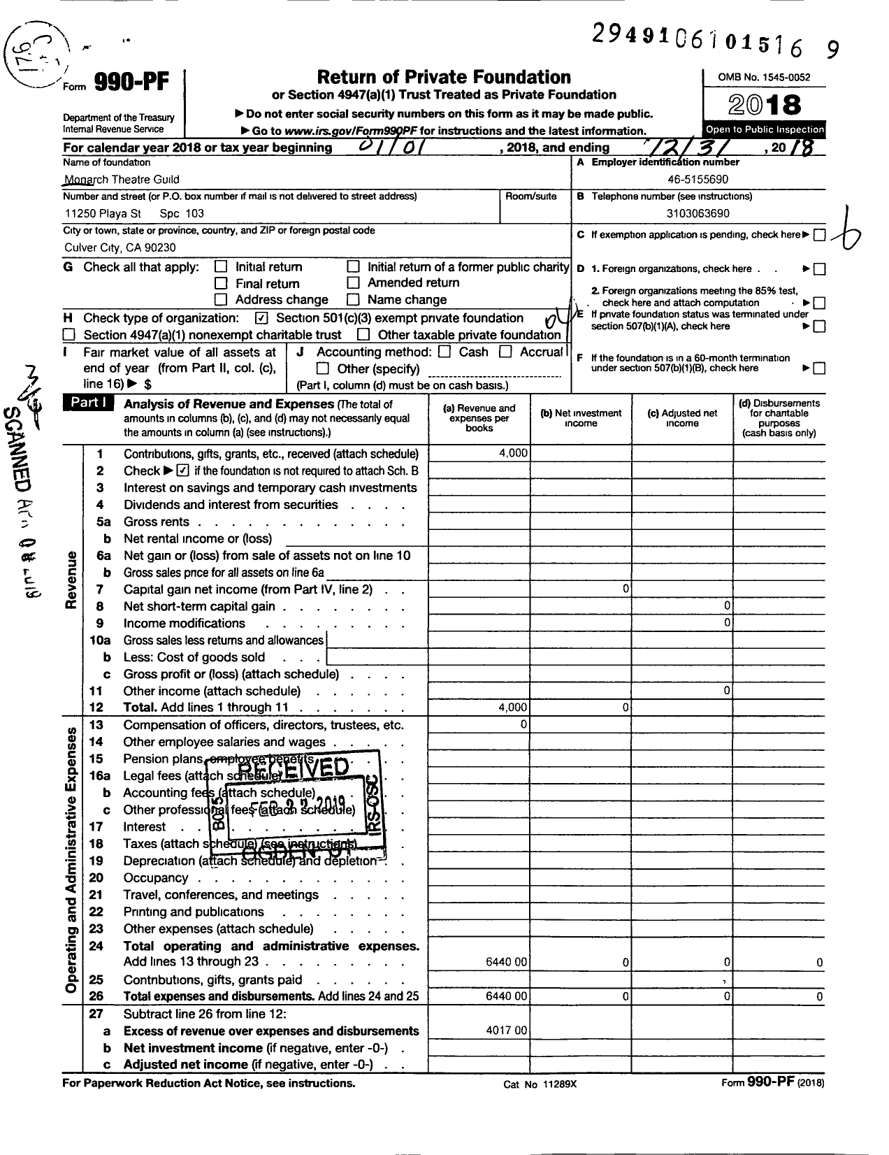 Image of first page of 2018 Form 990PF for Monarch Theatre Guild