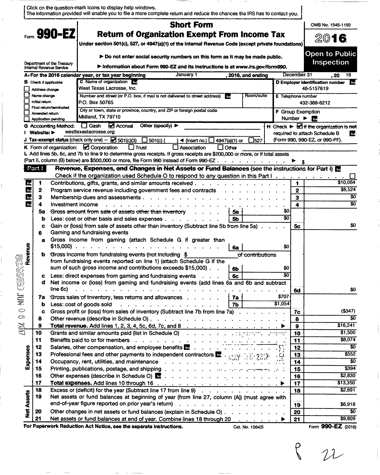 Image of first page of 2016 Form 990EZ for West Texas Lacrosse