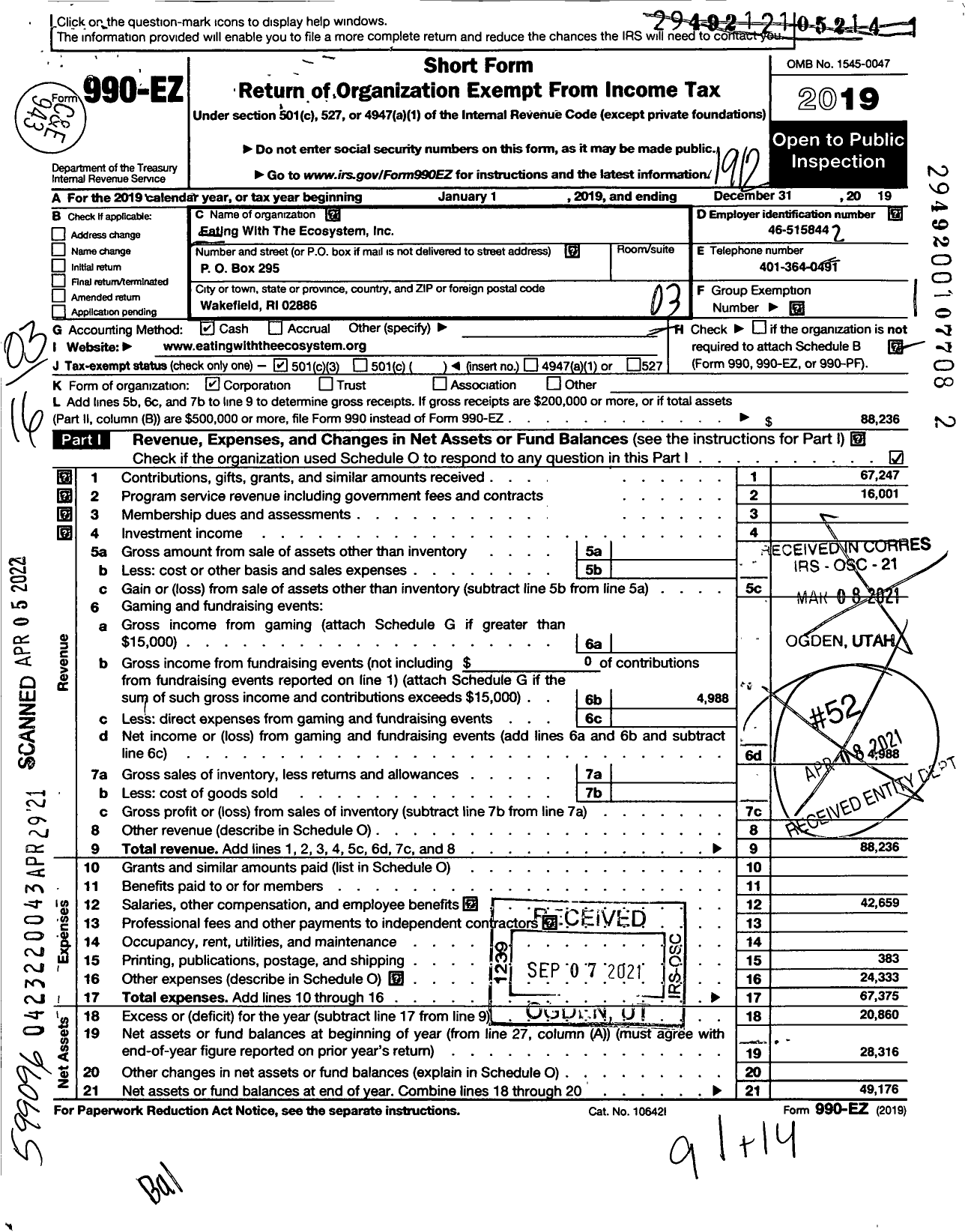 Image of first page of 2019 Form 990EZ for Eating with the Ecosystem