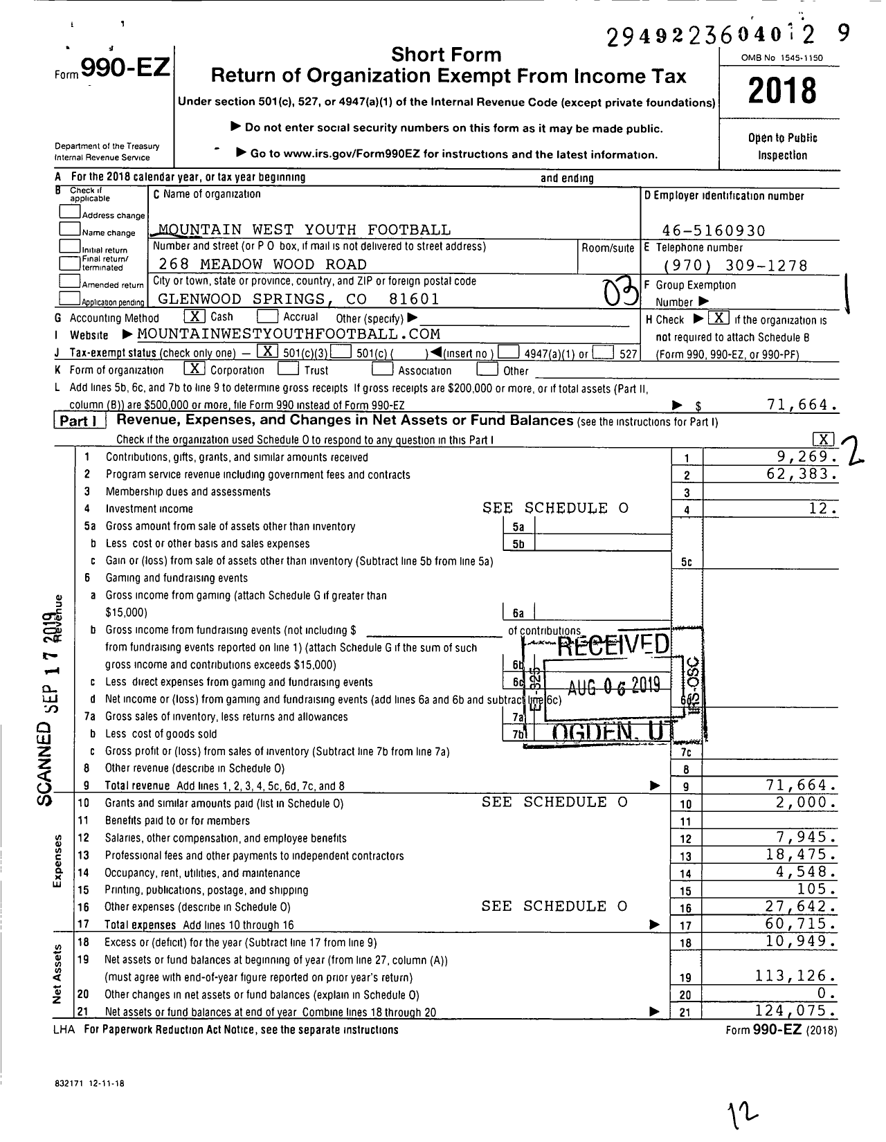 Image of first page of 2018 Form 990EZ for Mountain West Youth Football