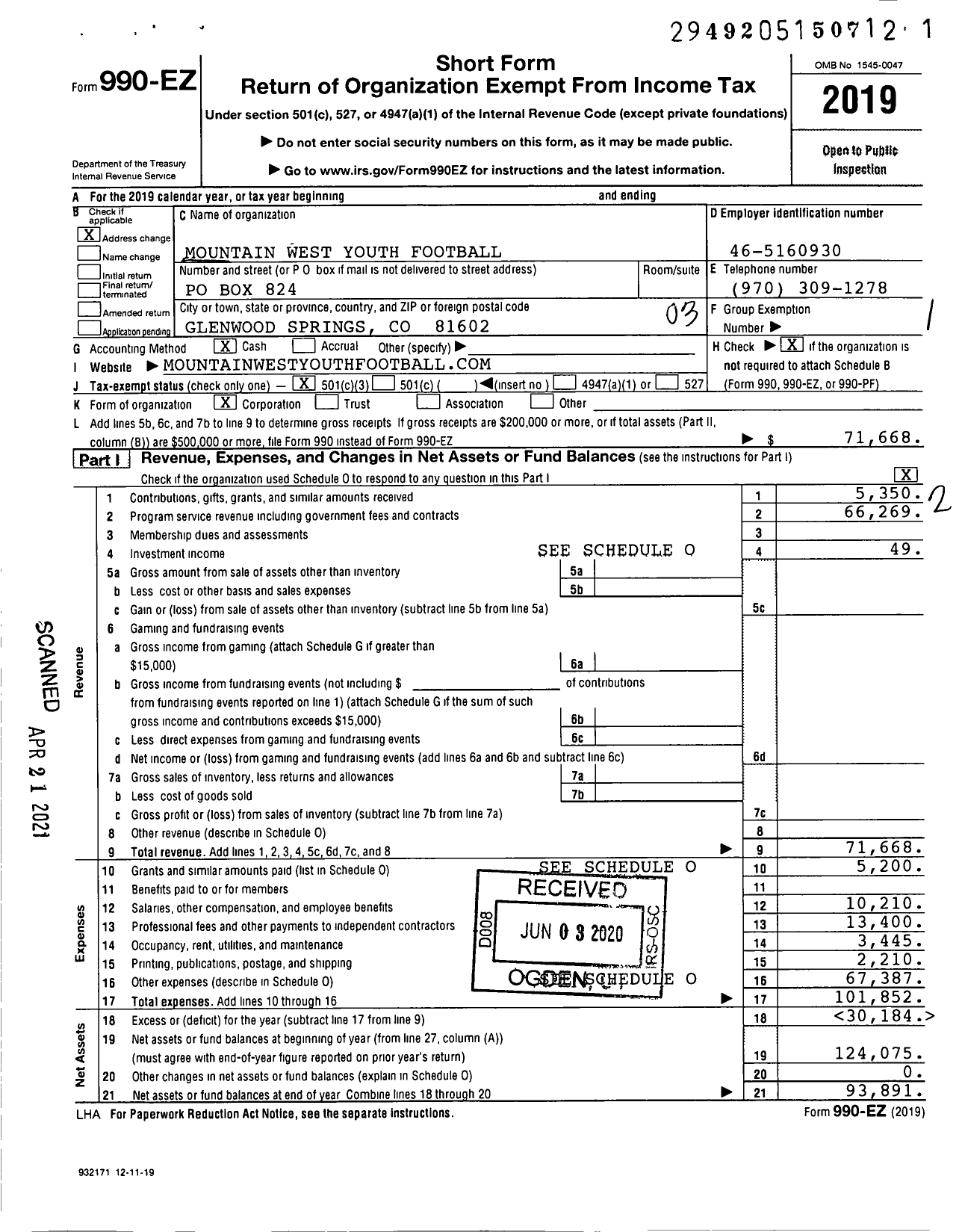 Image of first page of 2019 Form 990EZ for Mountain West Youth Football