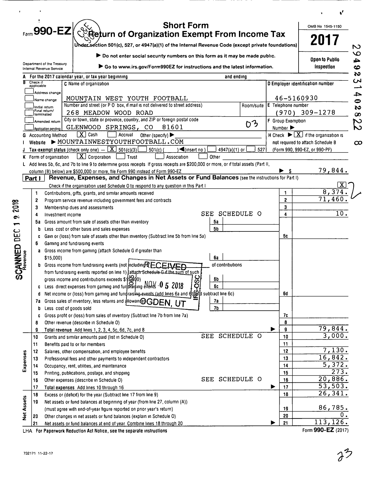 Image of first page of 2017 Form 990EZ for Mountain West Youth Football