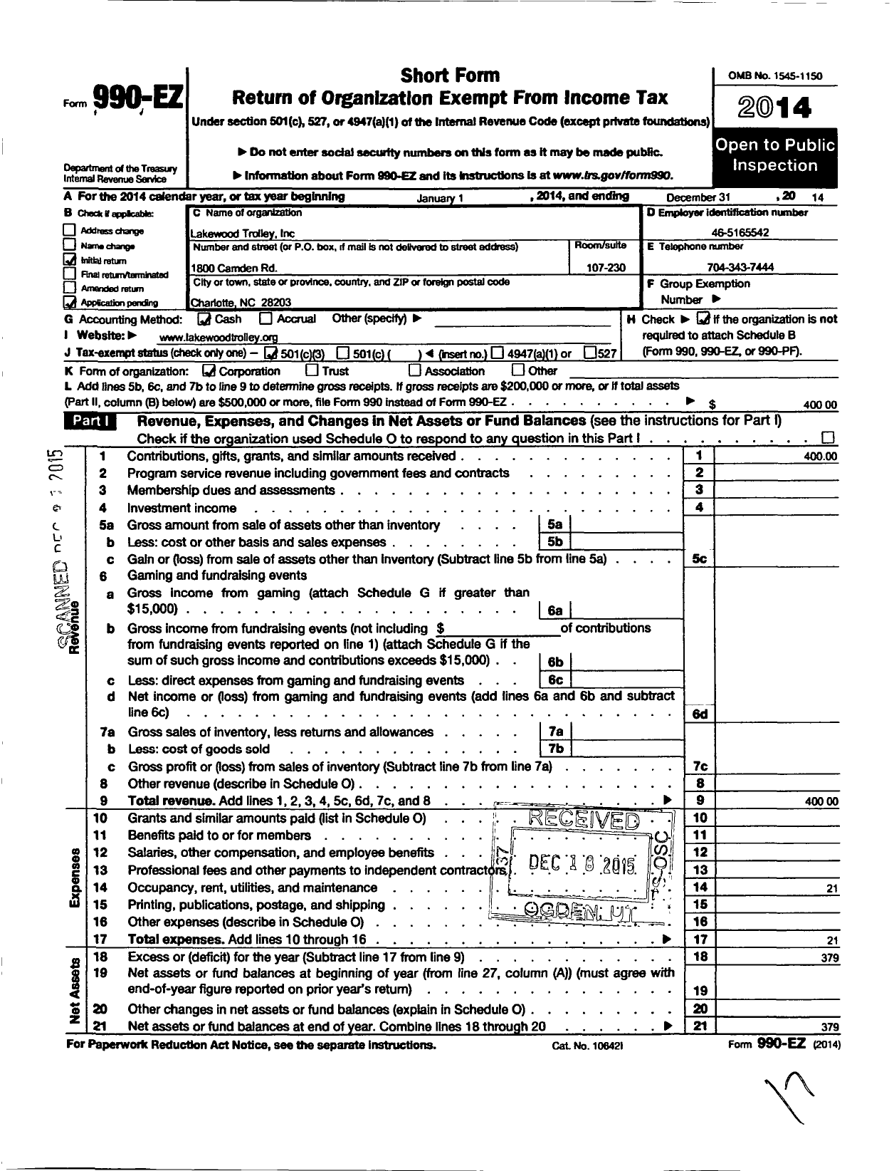 Image of first page of 2014 Form 990EZ for Lakewood Trolley